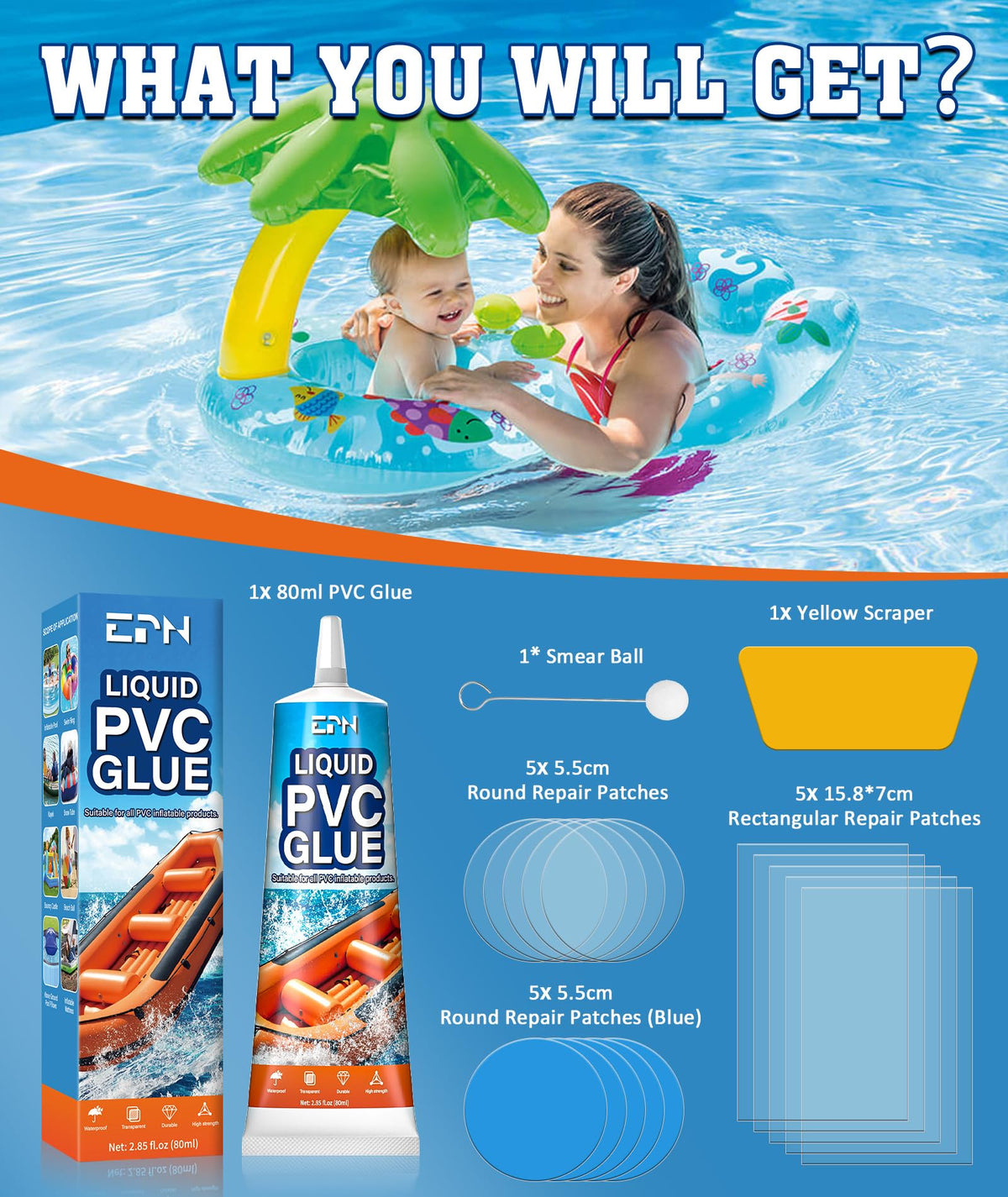 EPN Air Mattress Patch Kit, Waterproof Vinyl Pool Liner Repair Kit for Inflatables, Air Mattress, Swimming Ring, Tent, Bounce House, Inflatable Toys, Hot Tub, PVC Boat, Raft, Kayak (80ml*1) 🍁 All In One Marketplace Canada