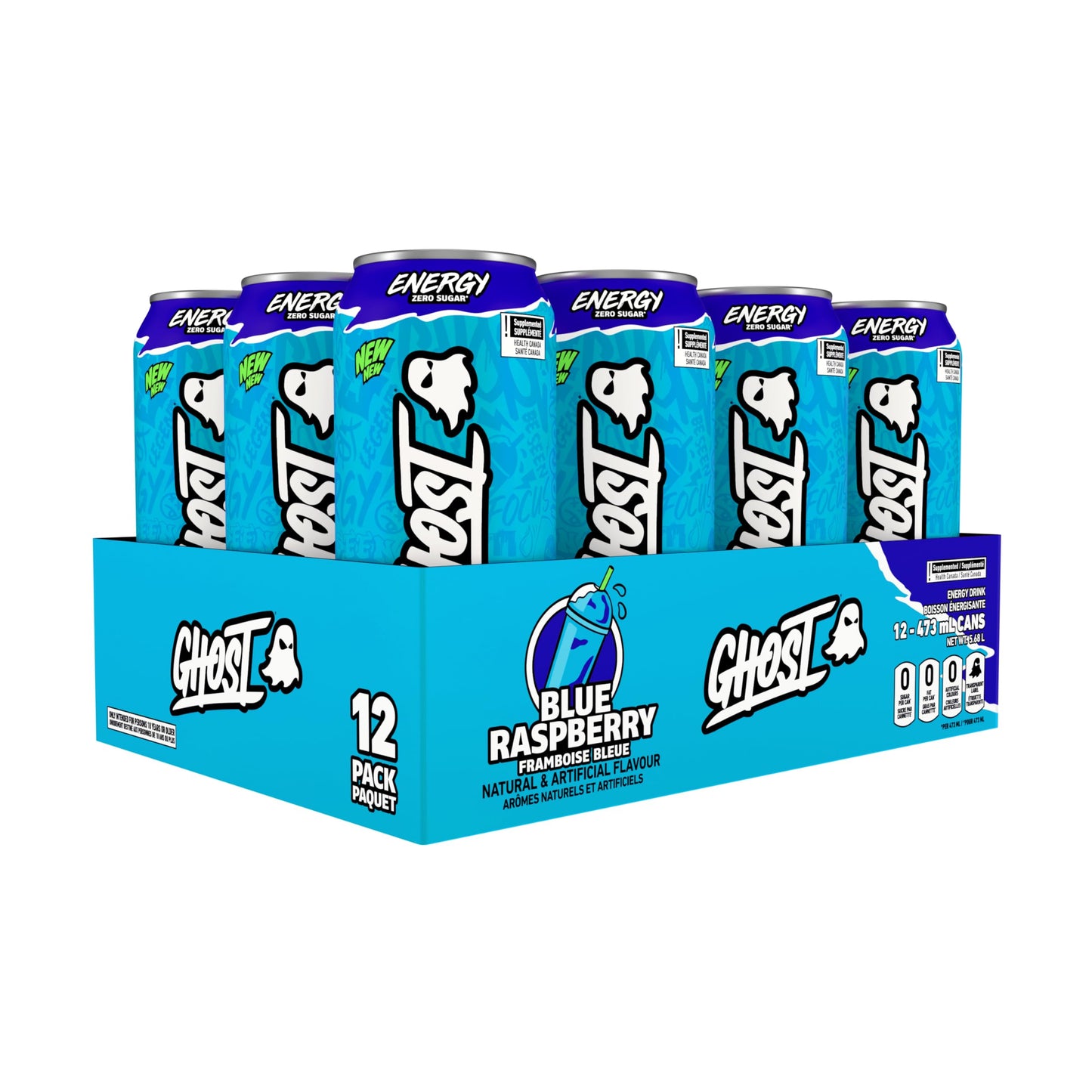 Ghost Energy Drink, Blue Raspberry, Pack of 12 Cans ๐ All In One Marketplace Canada