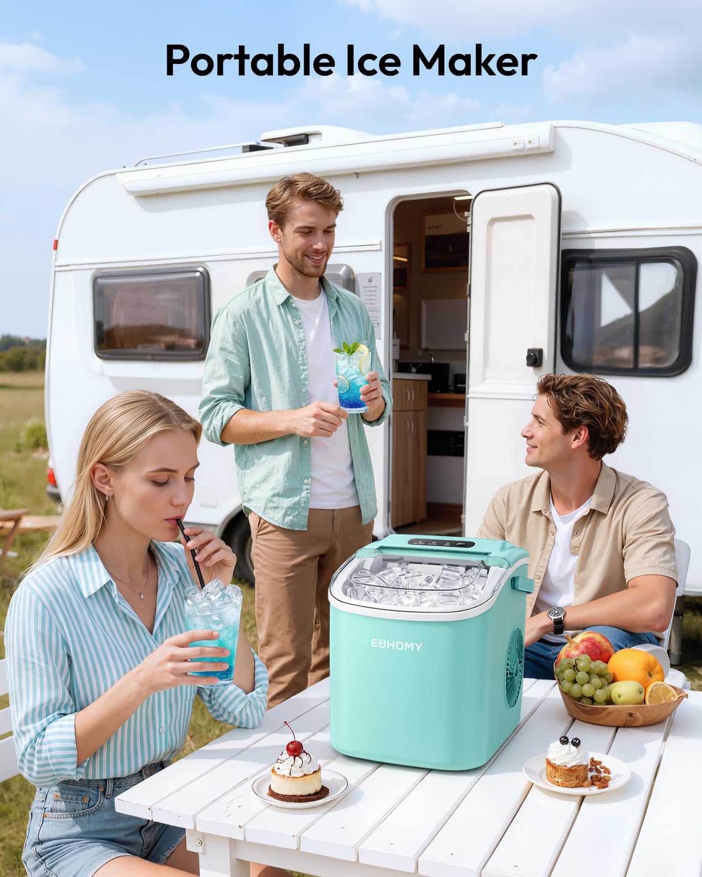 EUHOMY Countertop Ice Maker Machine with Handle, 26lbs Per Day, 9 Ice Cubes Ready in 6 Mins, Auto-Cleaning Portable Ice Maker with Basket and Scoop, for Home/Kitchen/Camping/RV (Green) π All In One Marketplace Canada