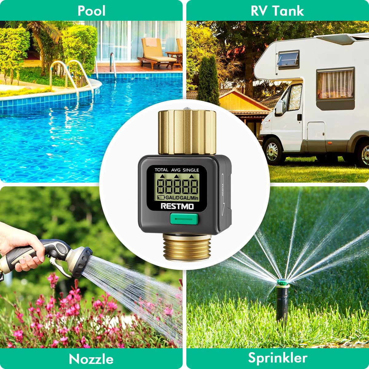 RESTMO Water Flow Meter, Pure Brass Inlet & Outlet | 4 Measure Modes | Display Gallon/Liter Usage and Flow Rate | Ideal to Outdoor Garden Hose, Lawn Sprinkler Watering, RV Water Tank Filling ๐ All In One Marketplace Canada