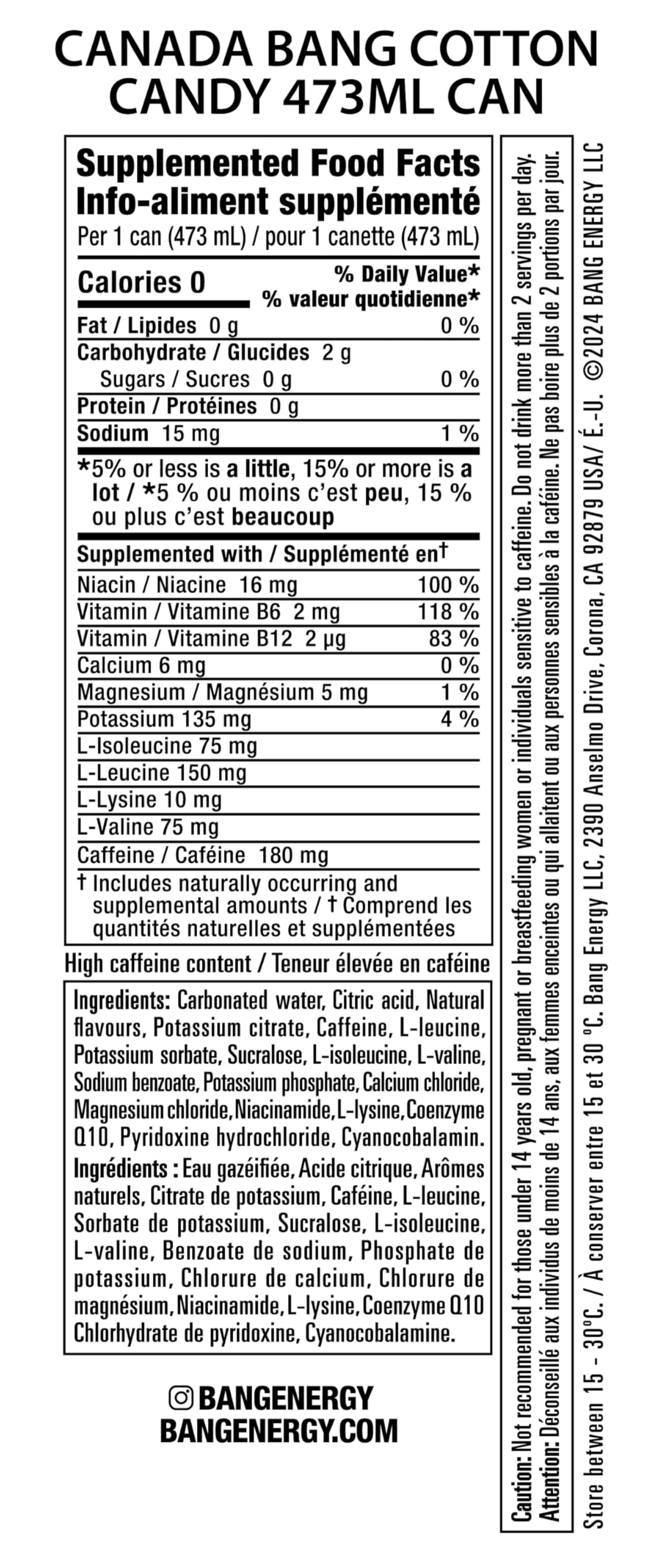 BANG ENERGY Cotton Candy, 473 mL Cans (12 Pack) โ Zero Sugar, Zero Calorie Energy Drink ๐ All In One Marketplace Canada