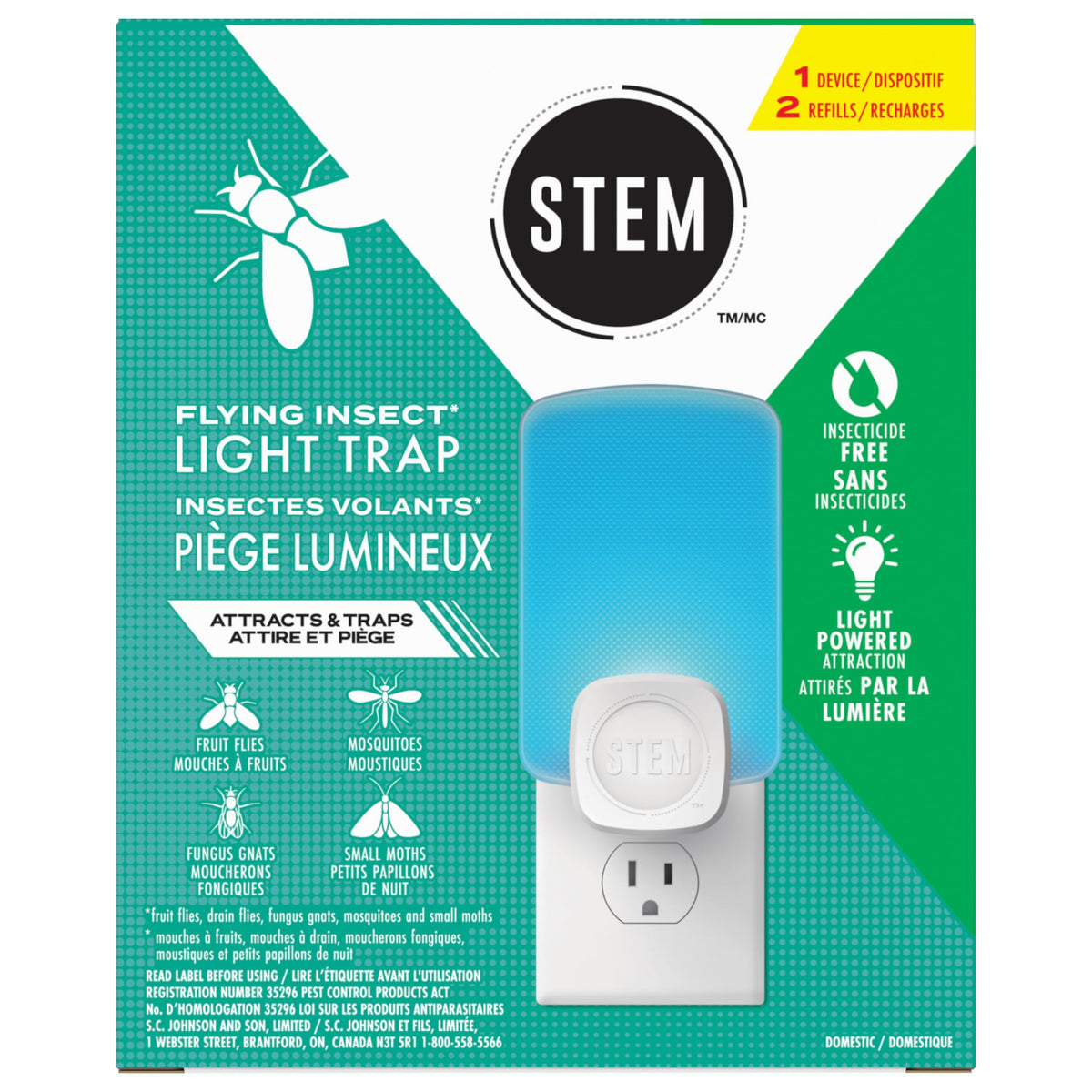 STEM Flying Insect Light Trap Kit, Fruit Fly Trap for Indoor Use, Effective Insect Control for Home, Drain Fly & Fungus Gnat Control, Insecticide-Free Plug-in Device, 1 Device + 2 Cartridges ๐ All In One Marketplace Canada