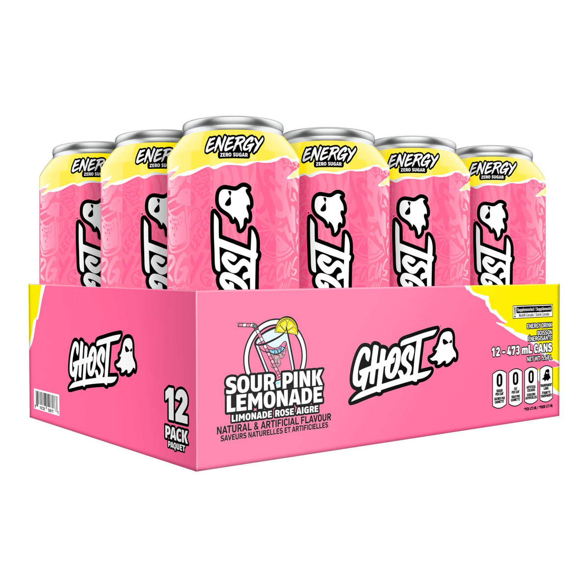 Ghost Energy Drink, Sour Pink Lemonade Flavour, Pack of 12 Cans ๐ All In One Marketplace Canada
