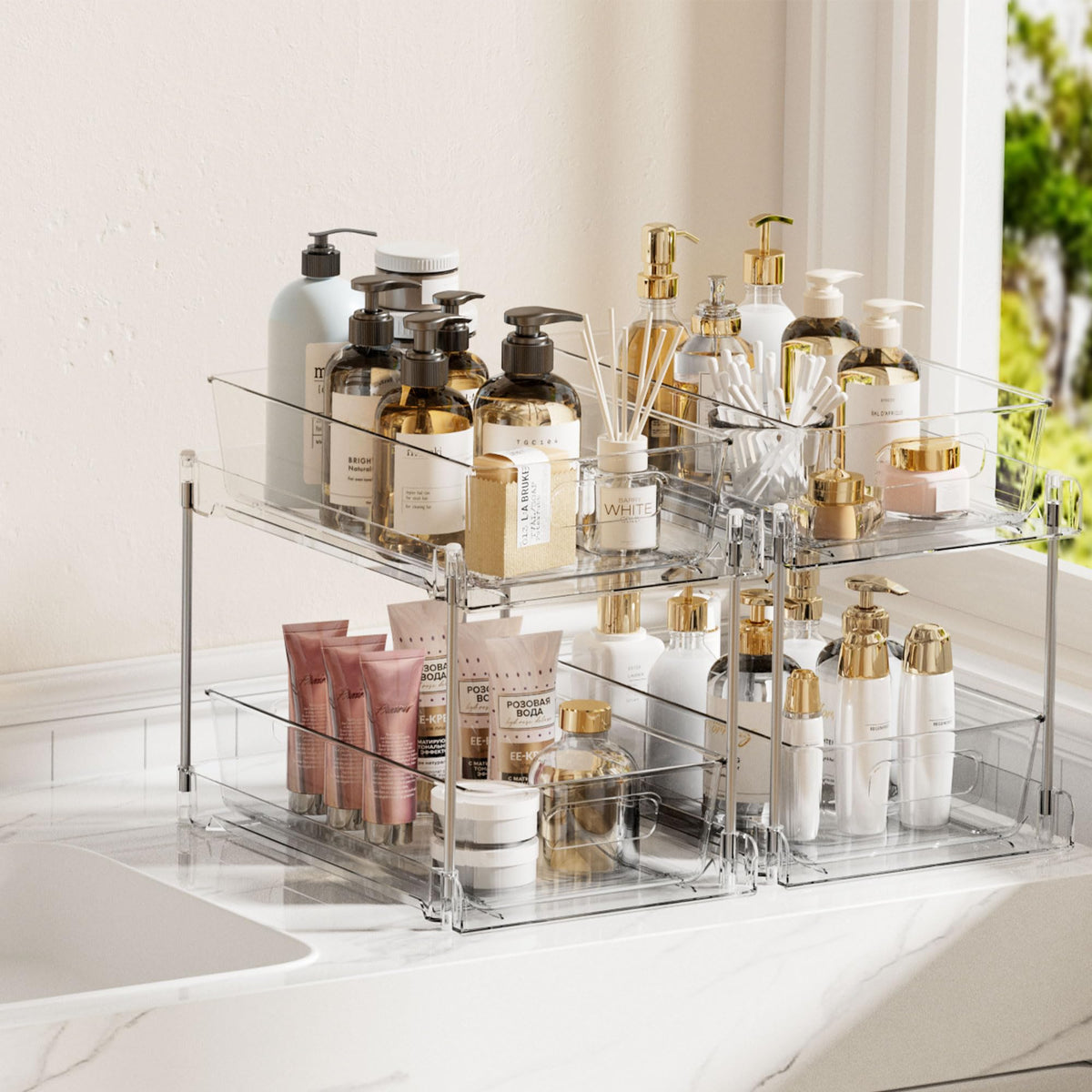 2 Tier Bathroom Organizer, Vtopmart 2 Pack Clear Under Sink Organizers Vanity Counter Storage Container, Medicine Cabinet Drawers Bins, Pull-Out Organization with Track for Pantry, Kitchen ๐ All In One Marketplace Canada