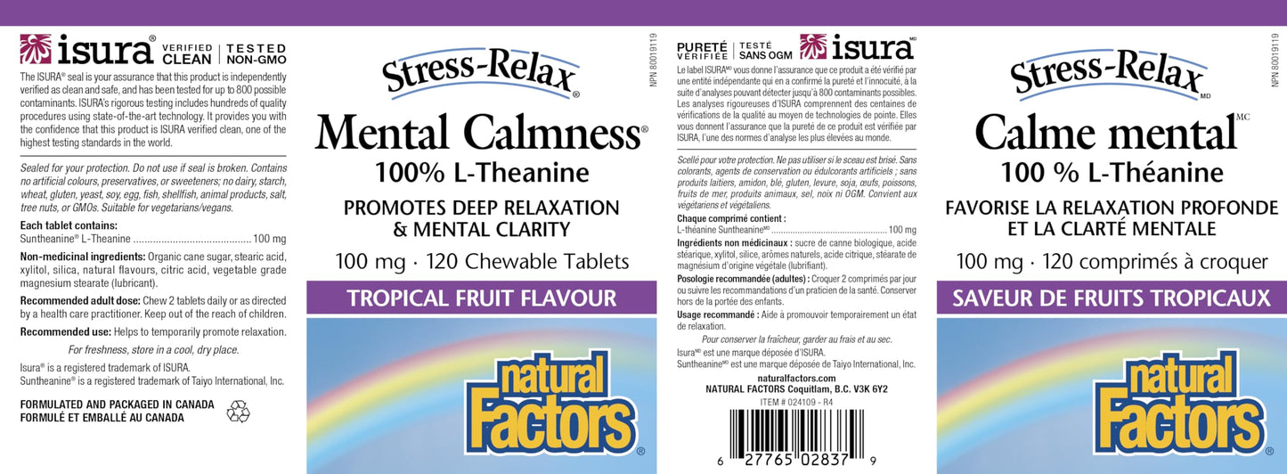 Natural Factors Stress Relax Mental Calmness, 120 Chewable Tablets, Tropical Fruit Flavour, Suntheanine L Theanine 100 mg, Promotes Deep Relaxation, Stress Relief, Proudly Canadian ๐ All In One Marketplace Canada