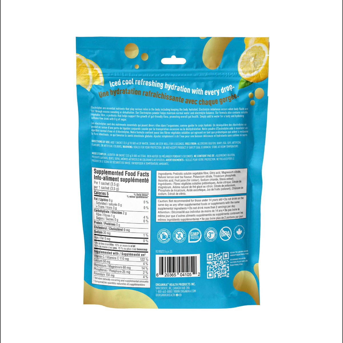 Organika Canadian-Made Electrolytes Powder with Vitamin C & Prebiotic Fibre - Sugar-Free Hydration Drink Mix - Lemon Iced Tea - 20 Single-Serve Sachets x 3.5g 🍁 All In One Marketplace Canada