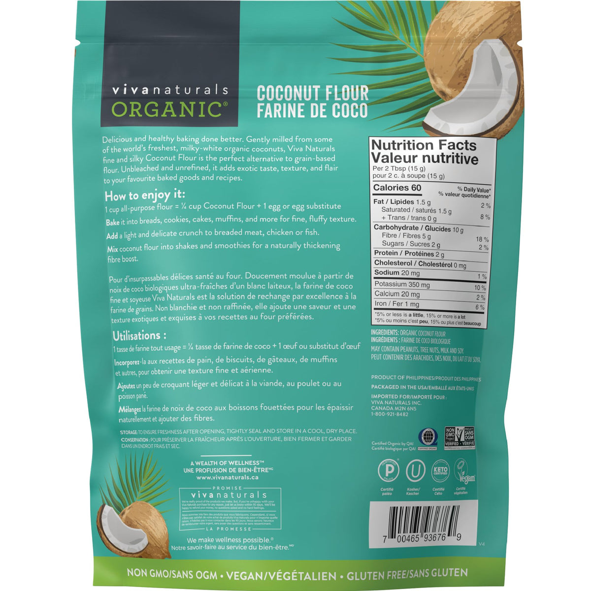 Viva Naturals Organic Coconut Flour, Gluten-Free, Unbleached & Unrefined, 4 LB ๐ All In One Marketplace Canada