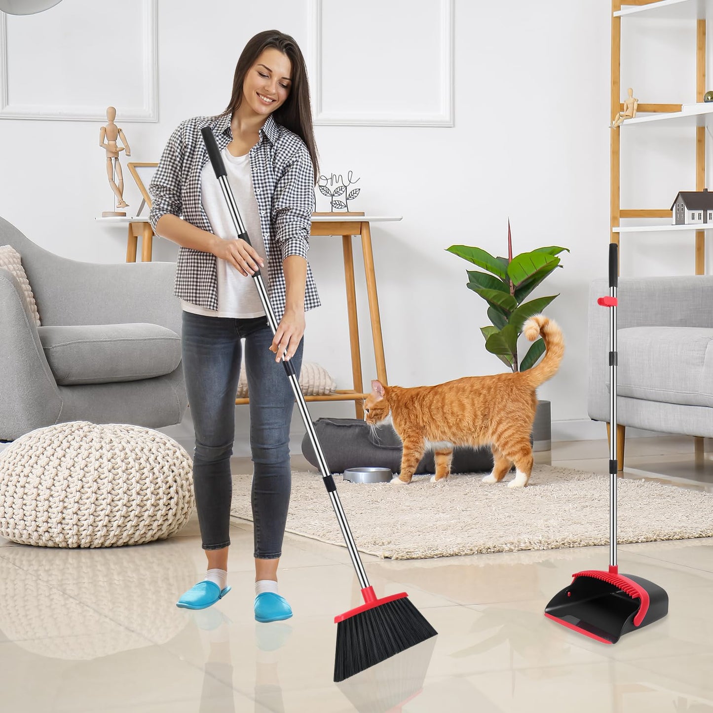 Broom and Dustpan Set, 52-in Long Adjustable Handle Broom Dustpan Combo with Dustpan Teeth to Automatically Clean Hair Suitable for Home Kitchen Office Hall Floor(Black&Red) 🍁 All In One Marketplace Canada