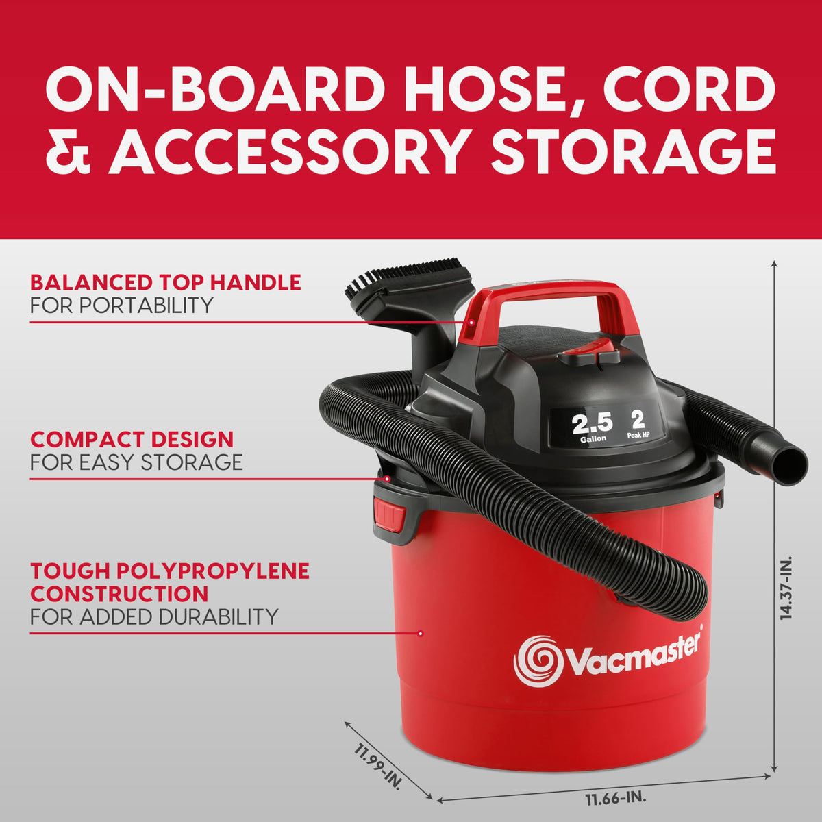 Vacmaster Red Edition VOM205P 1101 Portable Wet Dry Shop Vacuum 2.5 Gallon 2 Peak HP 1-1/4 inch Hose ๐ All In One Marketplace Canada