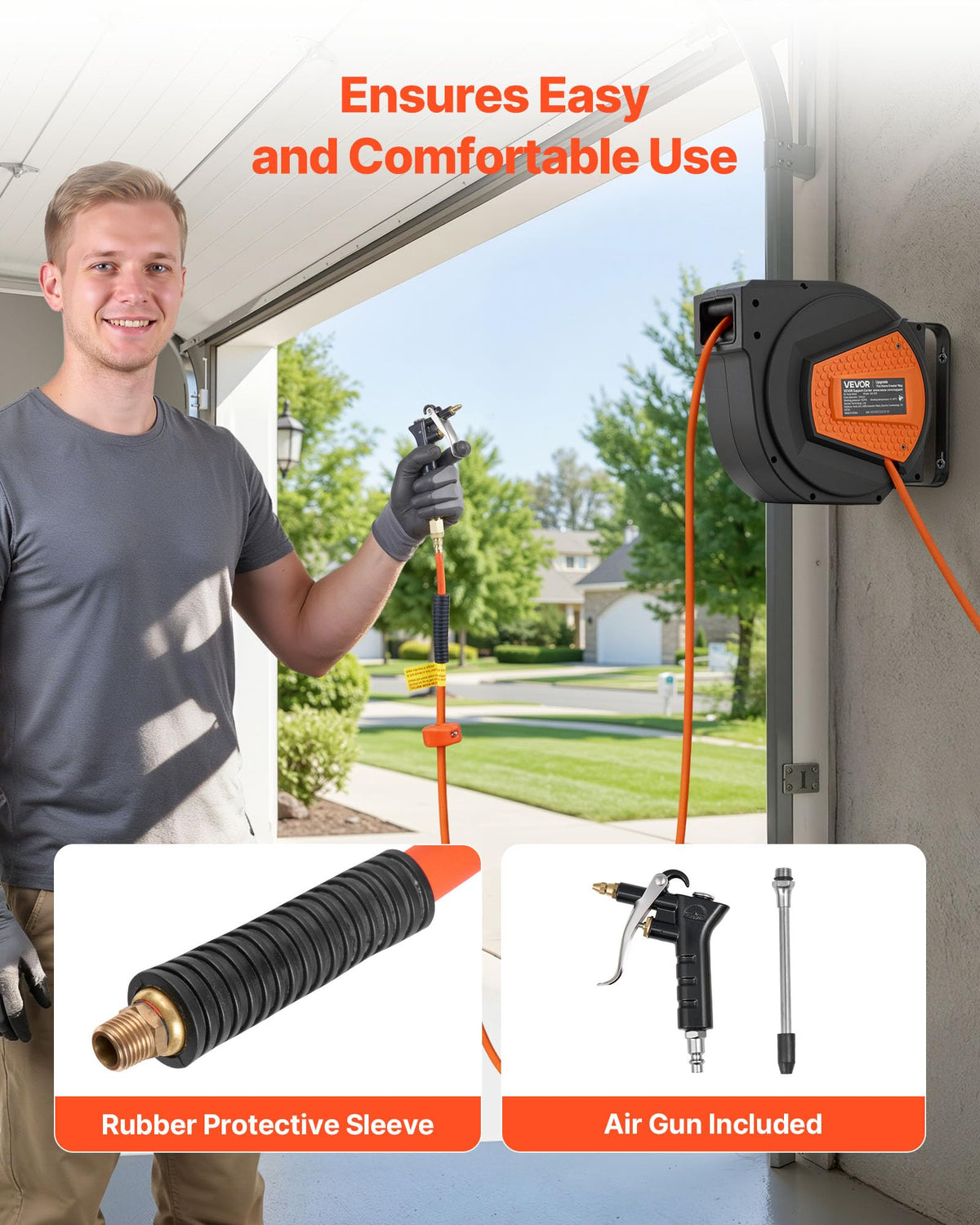 VEVOR Retractable Air Hose Reel, 1/4 Inch x 50 FT Hybrid Air Hose Max 300PSI, Enclosed Air-Compressor Hoses Reel Auto Rewind with 6.6 ft Lead in & Blow Gun, 180ยฐ Swivel Ceiling/Wall Mount ๐ All In One Marketplace Canada