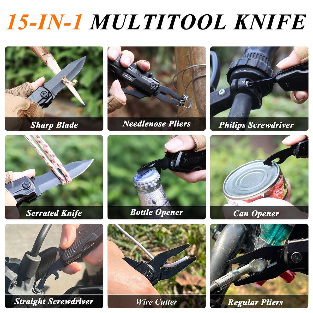 RoverTac Pocket Knife, 15-in-1 Multitool with Pliers, Bottle & Can Opener, 9 Screwdriver Bits, Locking Mechanism & Nylon Sheath - EDC Multi Tool for Camping, Hiking & DIY, Gift for Men & Dad ๐ All In One Marketplace Canada