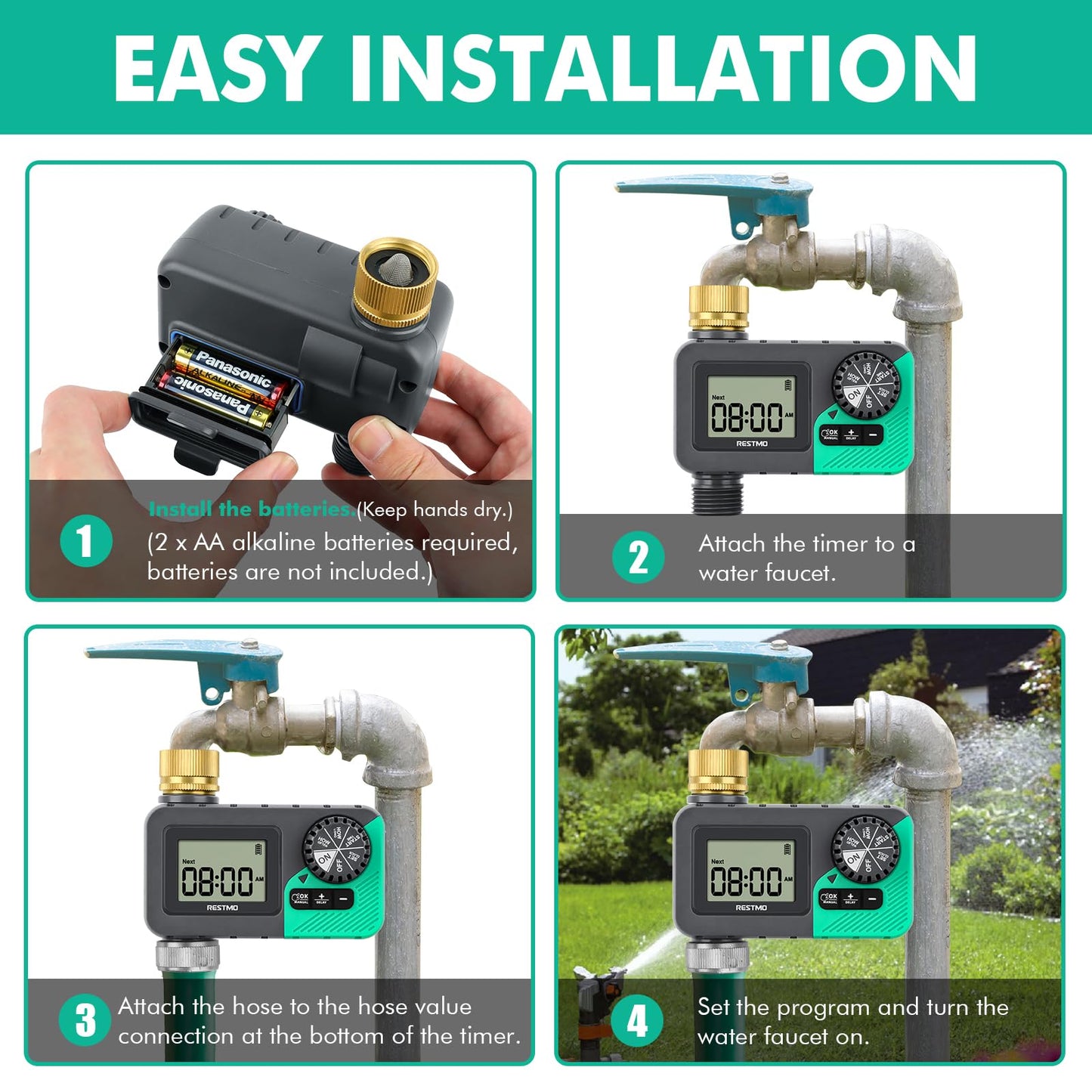 RESTMO Water Timer for Garden Hose, Programmable Sprinkler Timer with Brass Inlet, Rain Delay/Manual ON/Off/Automatic Irrigation Control, Hose Timer for Outdoor Faucet, Yard and Lawn Watering System ๐ All In One Marketplace Canada