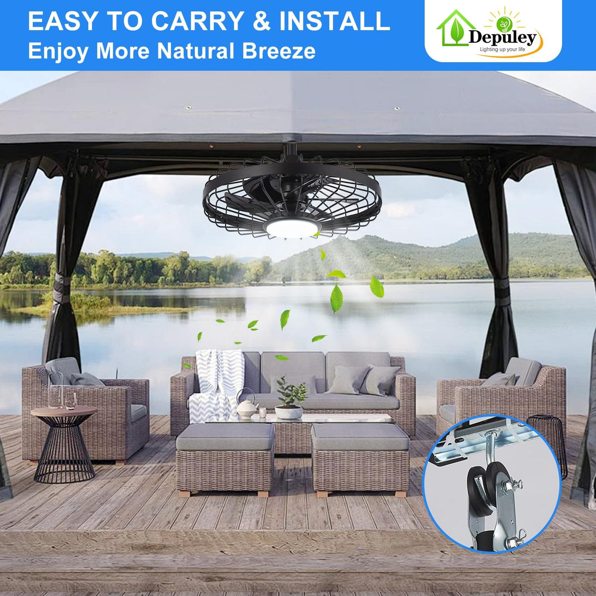 Depuley Outdoor Ceiling Fan with Light: 20 Inch Waterproof Gazebo Fans with Lights Outdoor Hanging - Plug in Remote App Control Caged Fans for Patios Pergola Porch Canopy - 6 Speed Black ๐ All In One Marketplace Canada