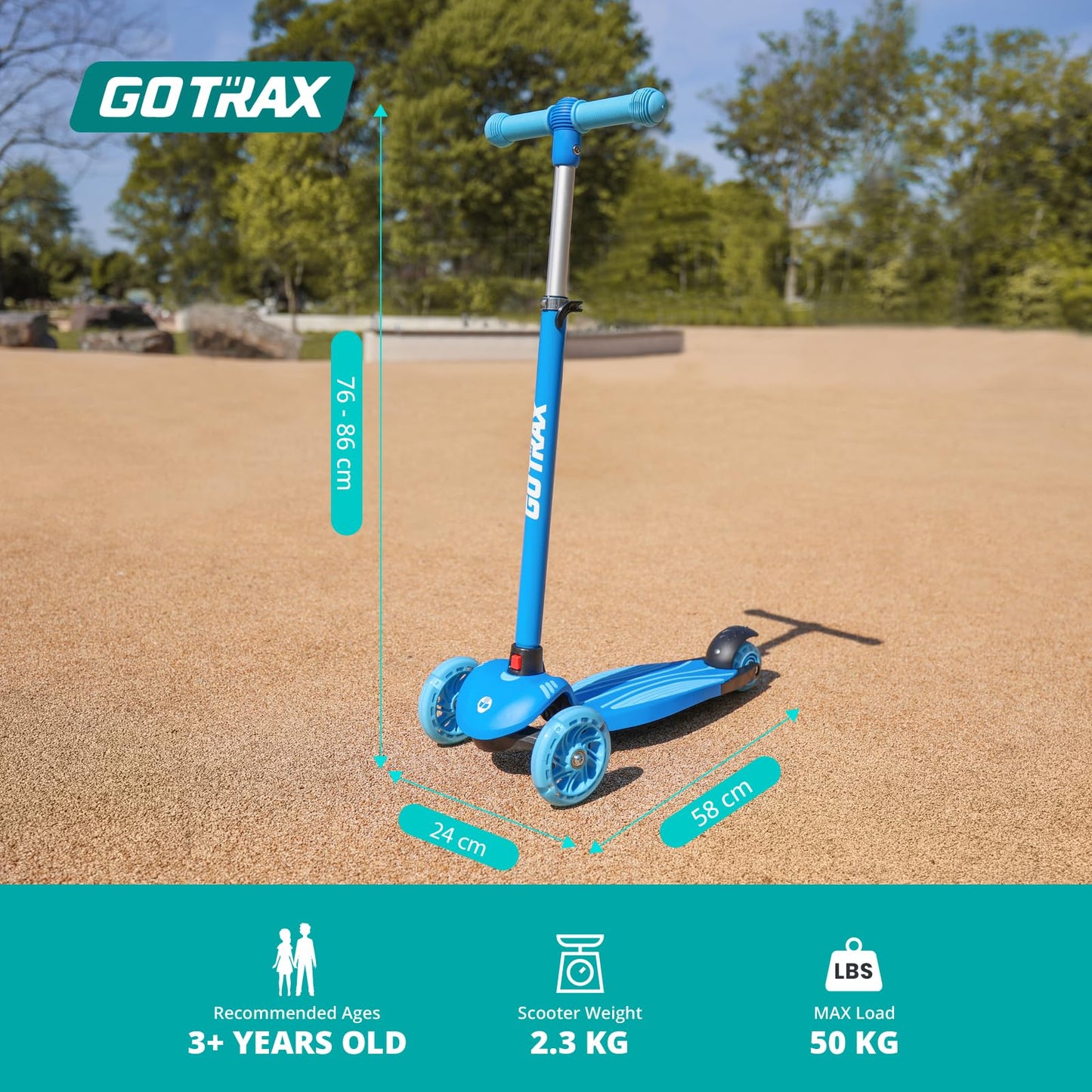 Gotrax KS1 Kids Kick Scooter, LED Lighted Wheels and 3 Adjustable Height Handlebars, Lean-to-Steer & Widen Anti-Slip Deck, 3 Wheel Scooter for Boys & Girls Ages 3+ and up to 50 Kg (Blue) ๐ All In One Marketplace Canada