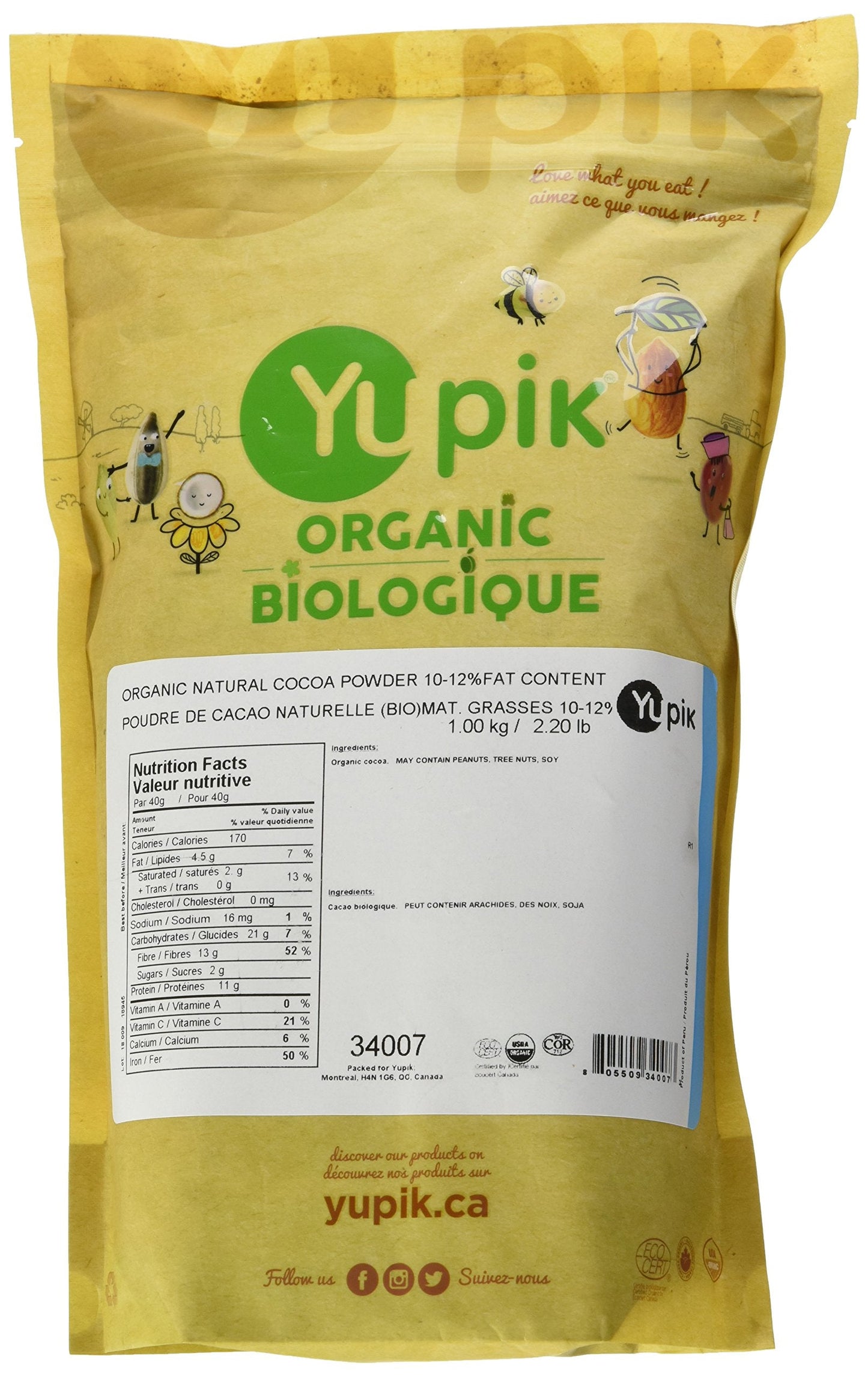 Yupik Organic Natural Cocoa Powder 1kg, USDA Certified, Gluten-Free, Vegan, Kosher, Non-GMO, Rich in Fiber & Antioxidants, Ideal for Sweet & Savory Recipes ๐ All In One Marketplace Canada