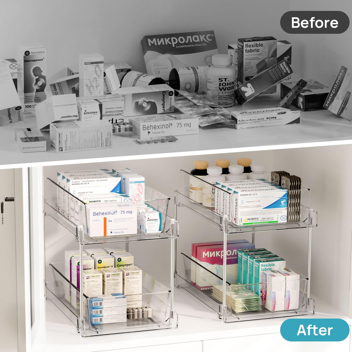 2 Tier Bathroom Storage Organizer, Vtopmart 4 Pack Clear Under Sink Organizers Vanity Counter Storage Container, Medicine Cabinet Drawers Bins, Pull-Out Organization with Track for Pantry, Kitchen ๐ All In One Marketplace Canada