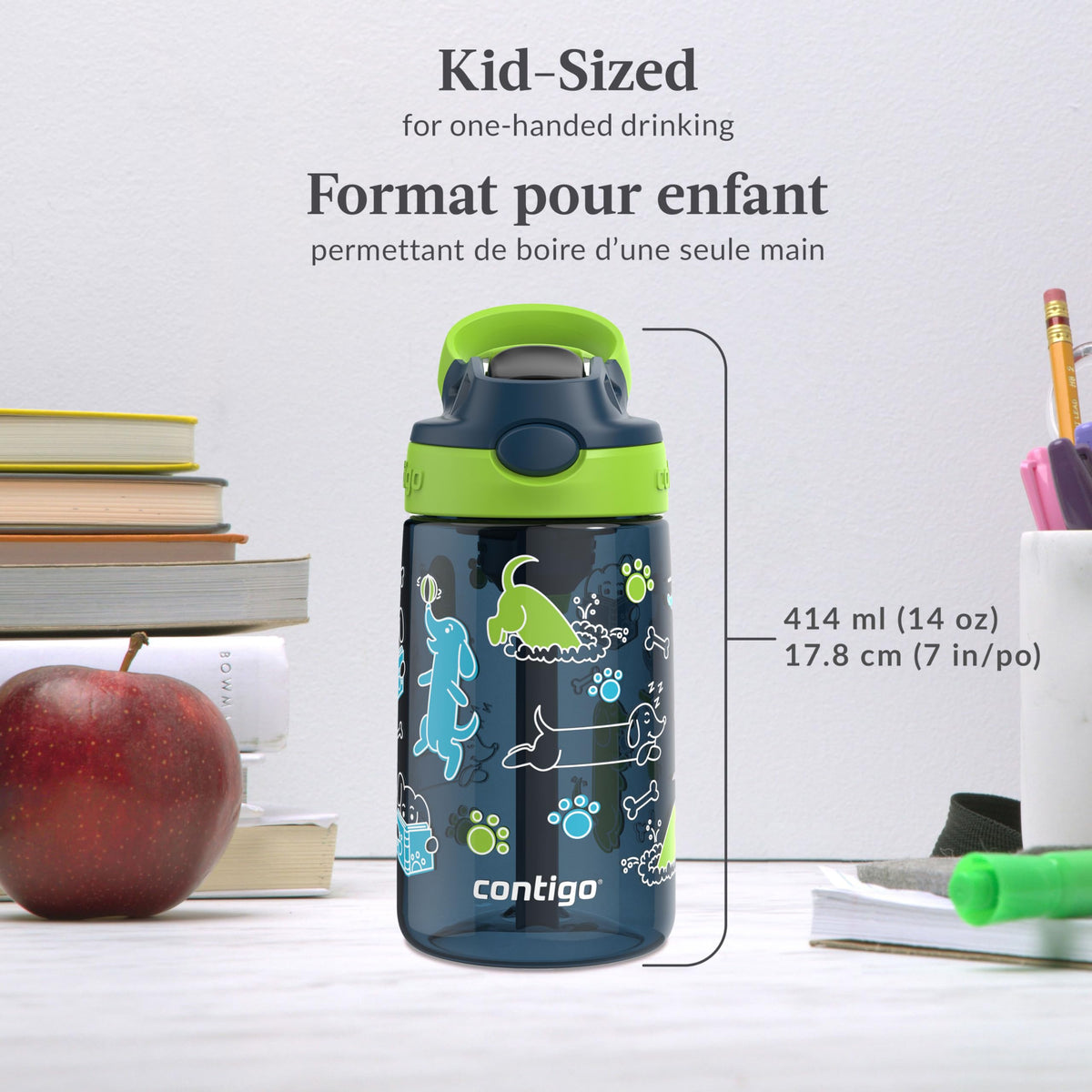 Contigo Kids Aubrey Straw Water Bottle with Leak-Proof Lid, BPA-Free Plastic, Dishwasher Safe, Lime with Dogs, 14 oz (414 mL) 🍁 All In One Marketplace Canada