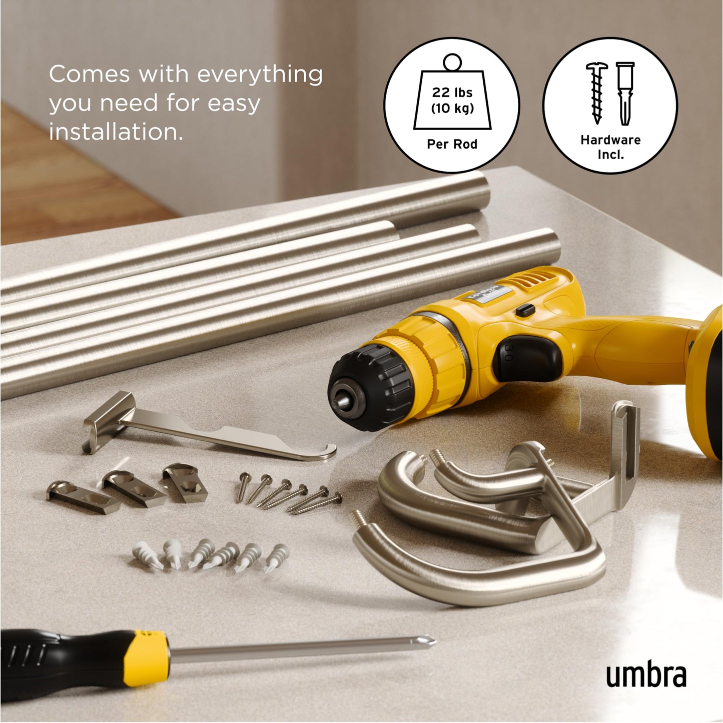 Umbra Twilight Double Curtain Rod Set – Wrap Around Design Ideal for Blackout or Room Darkening Panels, 66 to 144 Inches, Nickel 🍁 All In One Marketplace Canada