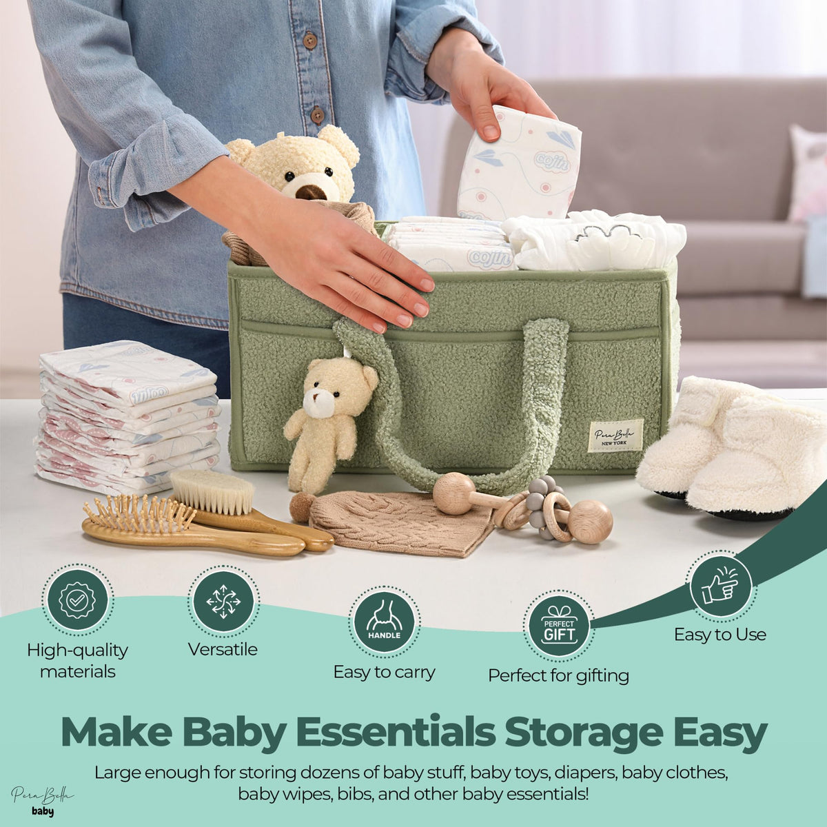 PeraBella Baby Diaper Caddy Organizer, Baby Organizers and Storage for Changing Table, Babies Shower Gift Basket for Boy &Girl, Nursery Essentials Car Caddy Organizer with Handle, Green Diaper Basket ๐ All In One Marketplace Canada