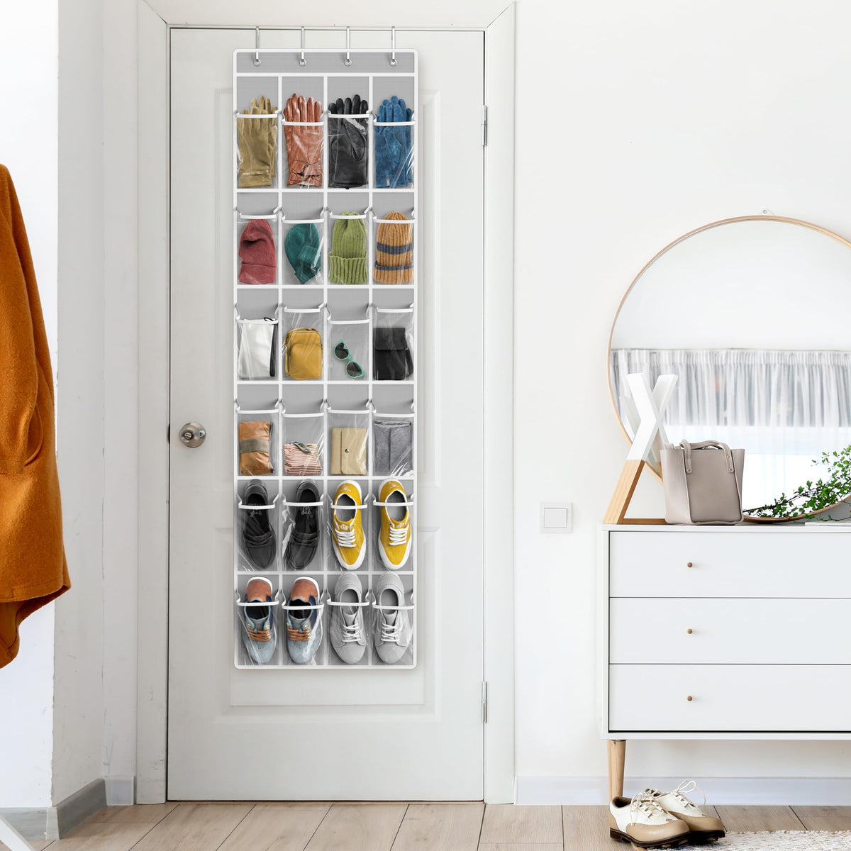 SimpleHouseware Crystal Clear Over The Door Hanging Shoe Organizer, 24 Pockets, Grey (162.6 cm H x 48.6 cm W) ๐ All In One Marketplace Canada