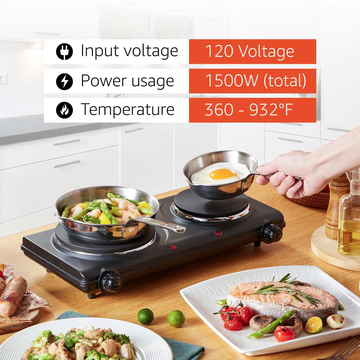 Elite Gourmet EDB-302BF# Countertop Double Cast Iron Burner, 1500 Watts Electric Hot Plate, Temperature Controls, Power Indicator Lights, Easy to Clean, Black ๐ All In One Marketplace Canada