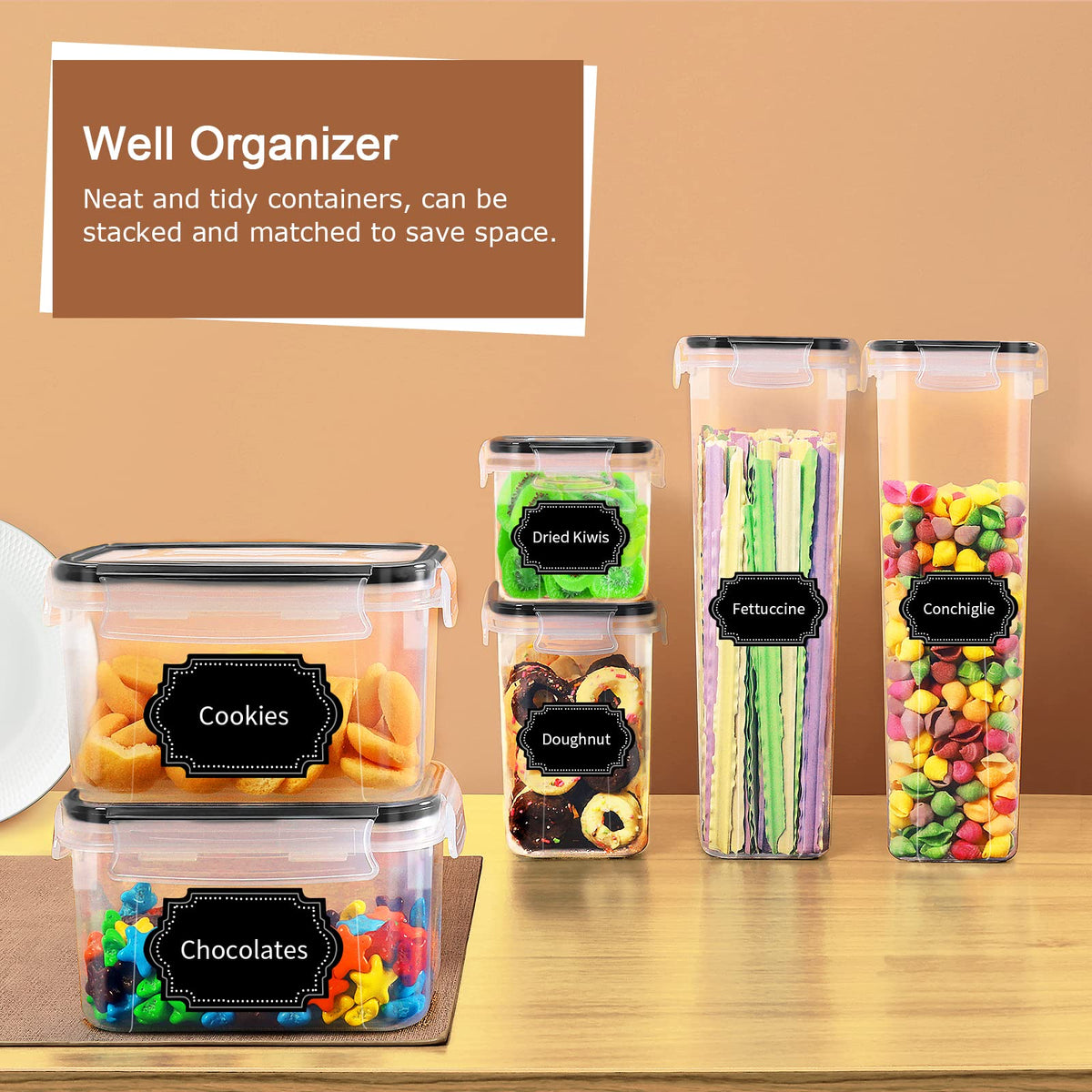 PRAKI Airtight Food Storage Container Set with Lids, 16 Pcs Plastic Dry Food Canisters for Kitchen Pantry Organizers and Storage, Ideal for Cereal, Flour & Sugar - Labels, Marker(Black) ๐ All In One Marketplace Canada