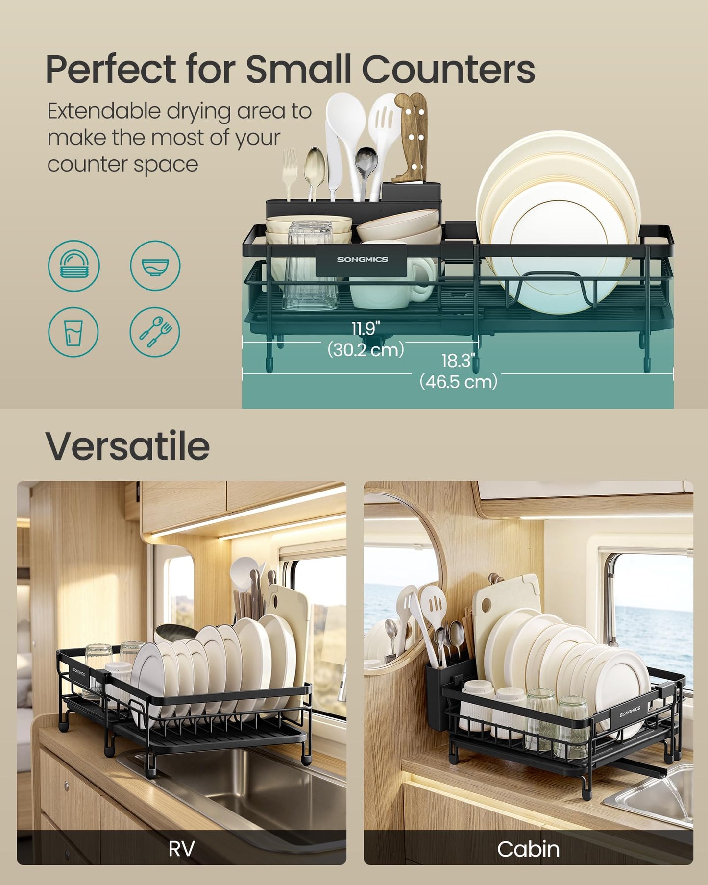 SONGMICS Dish Drainer Rack, Large Extendable Draining Board Rack for Small Spaces, 360ยฐ Rotating Extendable Spout, Kitchen Sink Drainer, Steel, 46.5 x 29.6 x 14 cm, Ink Black KCS556BH01 ๐ All In One Marketplace Canada