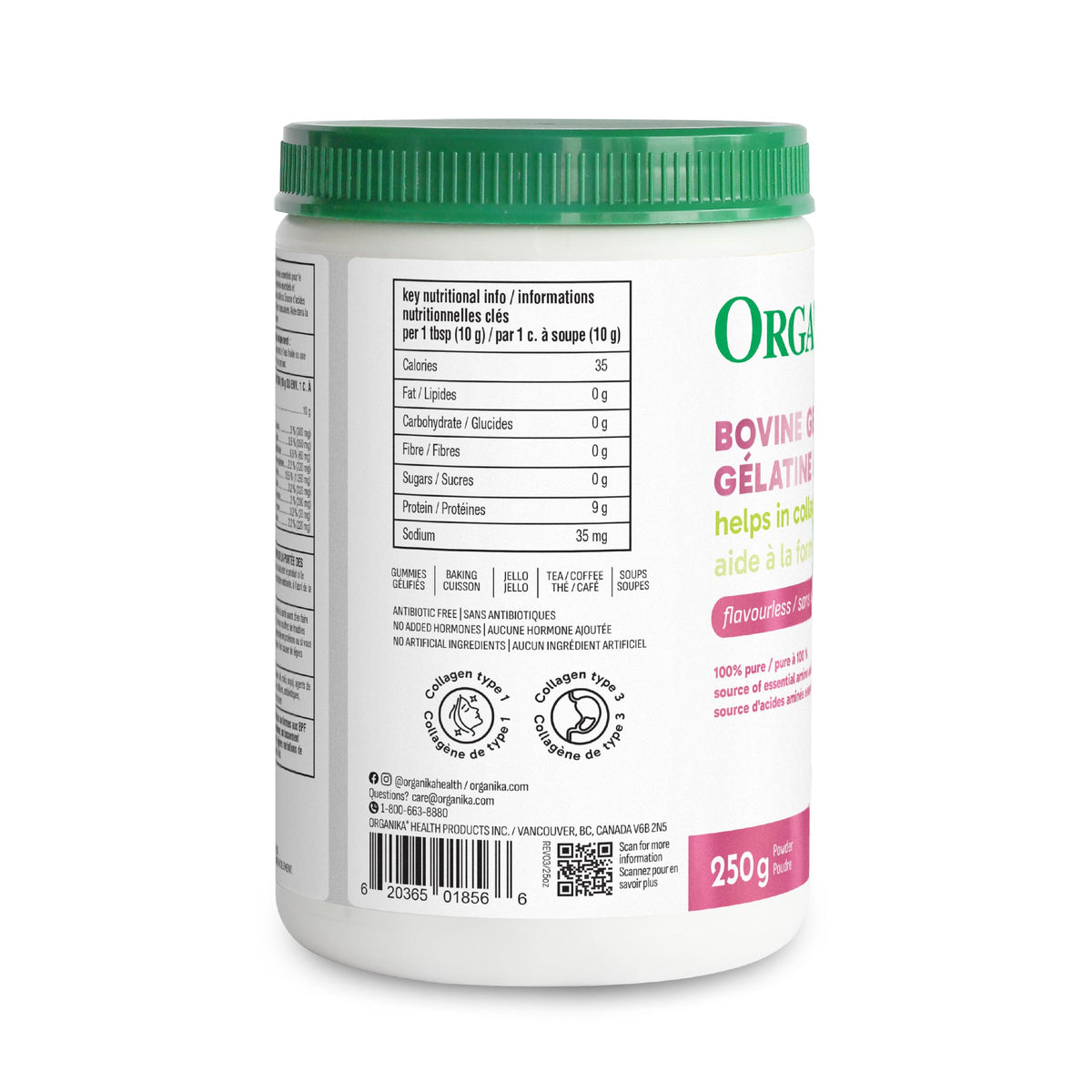 Organika Canadian-Made Bovine Gelatin (Unflavoured) - Collagen With 18 Amino Acids for Healthier Skin, Hair, Bones and Gut | Grass-Fed Source - 250g ๐ All In One Marketplace Canada
