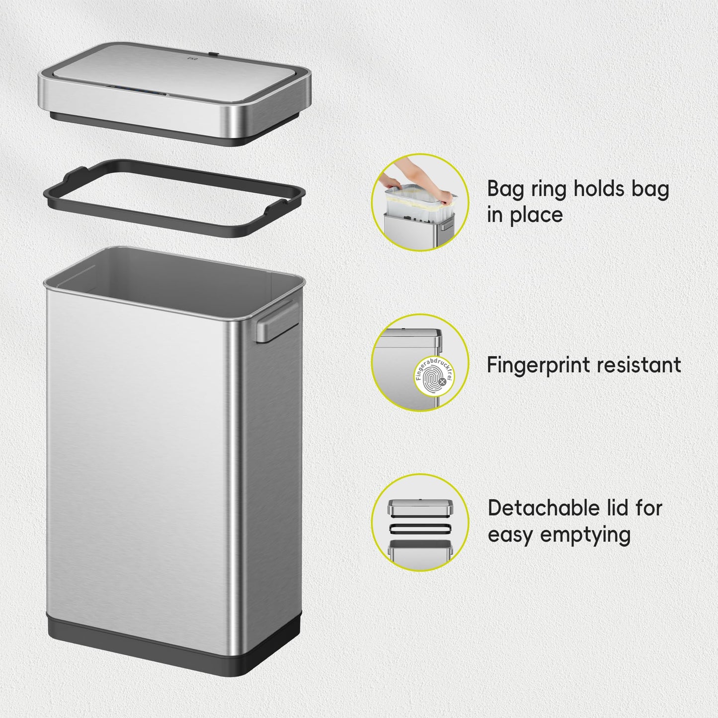 EKO Deluxe Mirage-T 50 Liter / 13.2 Gallon Touchless Rectangular Motion Sensor Trash Can, Matte Stainless Steel Finish π All In One Marketplace Canada