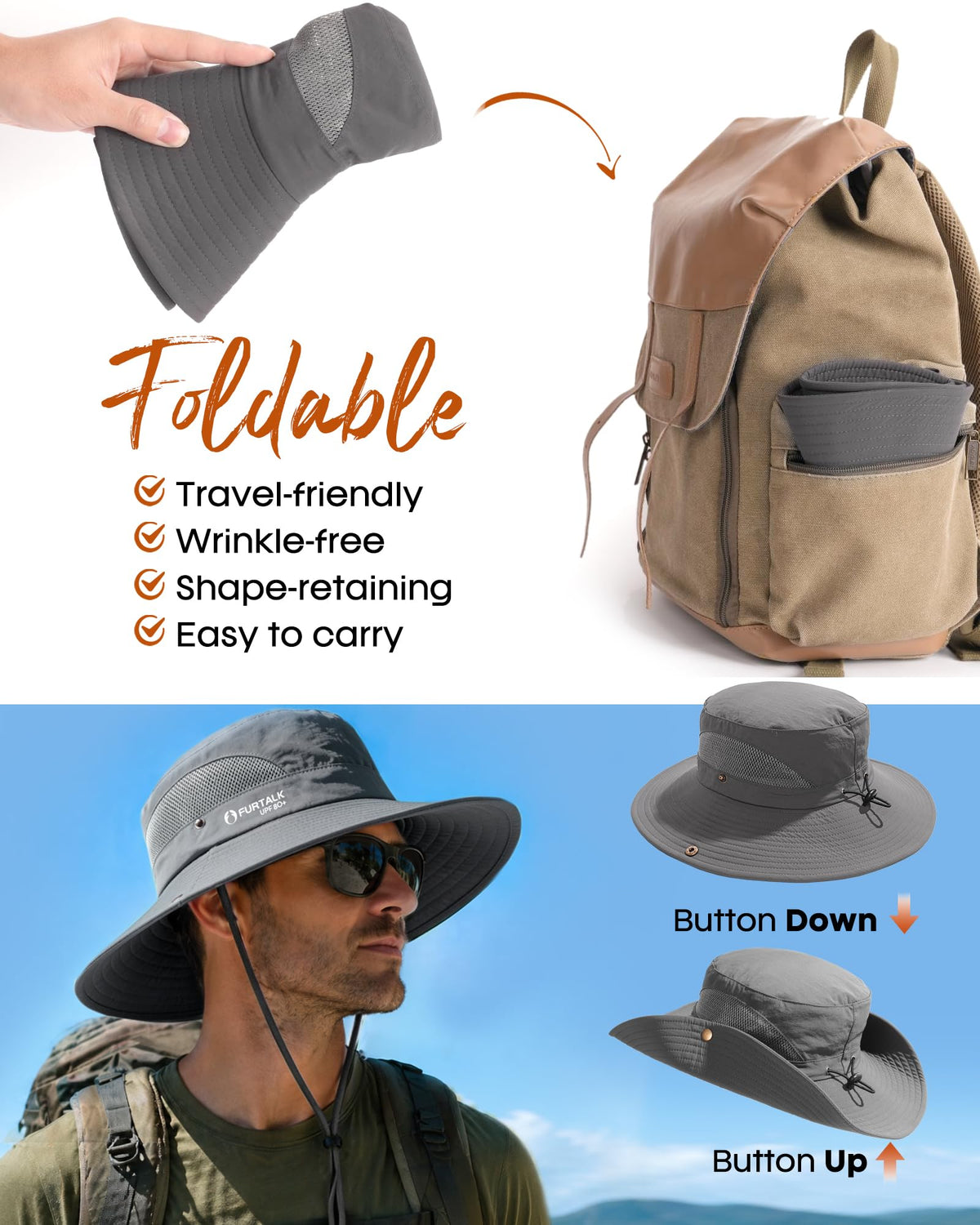 FURTALK Mens Bucket Sun Hat UPF 80+ Wide Brim Hiking Fishing Beach Outdoor Hats Dark Grey ๐ All In One Marketplace Canada
