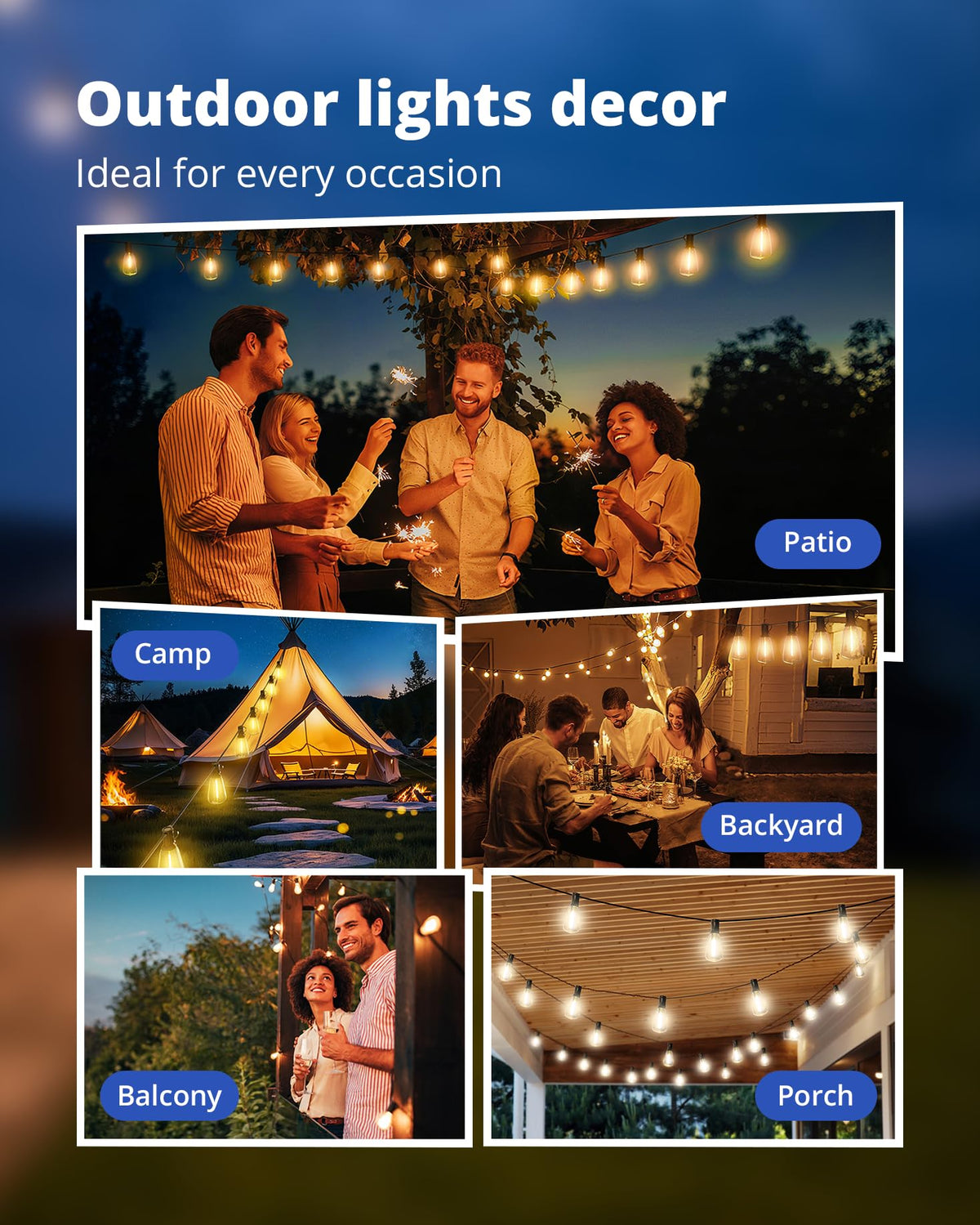 VIPAR Outdoor String Lights 60FT LED Patio Lights Waterproof with 28 Shatterproof ST38 Edison Bulbs Outside Hanging Light Dimmable Connectable for Porch, Deck, Garden, Backyard, Balcony, Decor, 2700K ๐ All In One Marketplace Canada