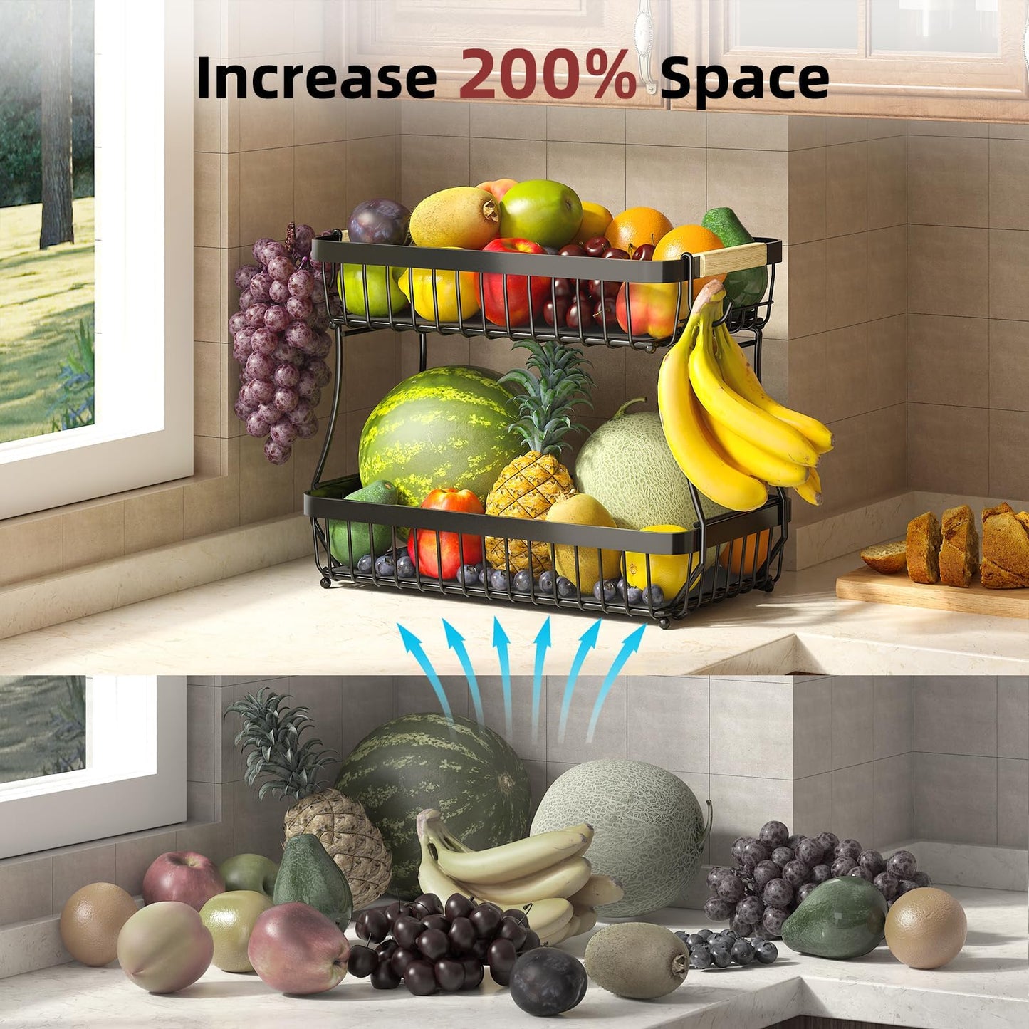 2 Tier Large Fruit Bowl for Kitchen Counter with 2 Banana Holders,2026 Sturdy Metal Fruit Basket with Protective Mats Keeping Fruits Fresh,Kitchen Organizers and Storage for Bread Potato Onion Storage ๐ All In One Marketplace Canada
