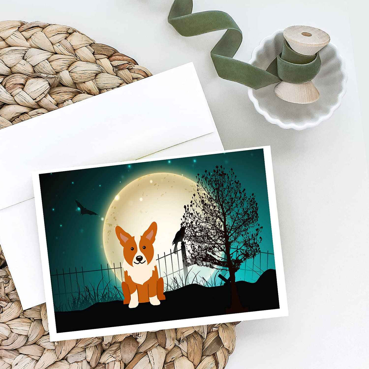Caroline's Treasures Halloween Scary Corgi Greeting Cards and Envelopes Pack of 8