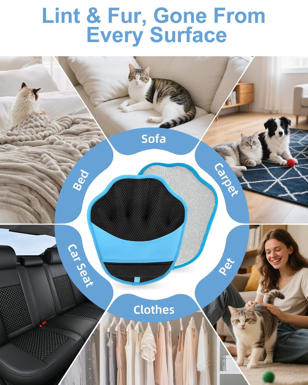 Upgraded Pet Hair Removal Glove, 2 Pair Five-Finger Electrostatic Pet Hair Removal Glove for Cats & Dogs, Reusable Magic Brush for Laundry, Couch, Carpet, Car Seat, Pet Hair Remover Tool (Blue) 🍁 All In One Marketplace Canada