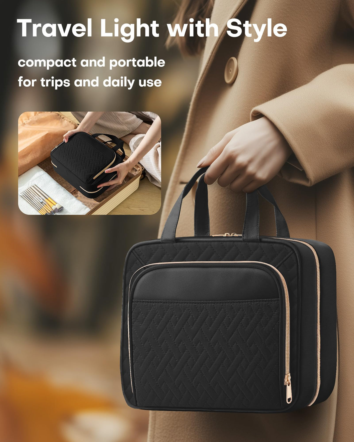 HOTOR Travel Toiletry Bag for Women - Spacious Toiletry Bag for Men, Waterproof Makeup Bag with Hanging Hook and Multiple Pockets, Travel Accessories, Travel Essentials, Black, Medium ๐ All In One Marketplace Canada