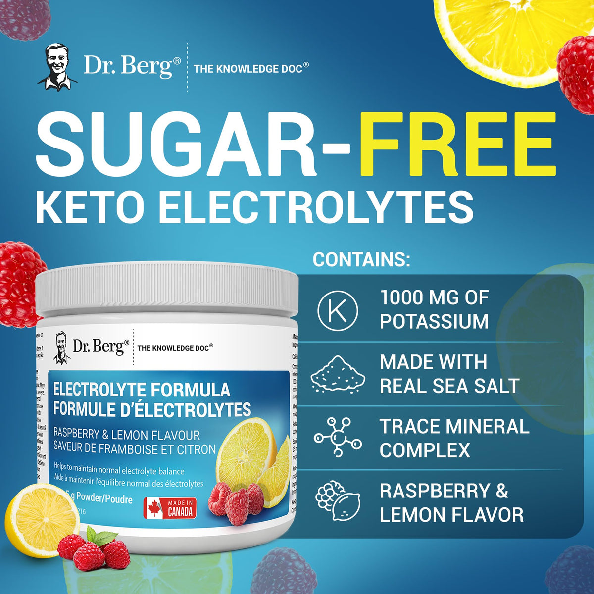 Dr. Berg Electrolytes Powder No Sugar - Enhanced w/ 1000 mg of Potassium & Real Sea Salt - Zero Sugar Electrolyte Powder - Raspberry & Lemon Flavor Hydration Powder Electrolytes - 50 Servings ๐ All In One Marketplace Canada