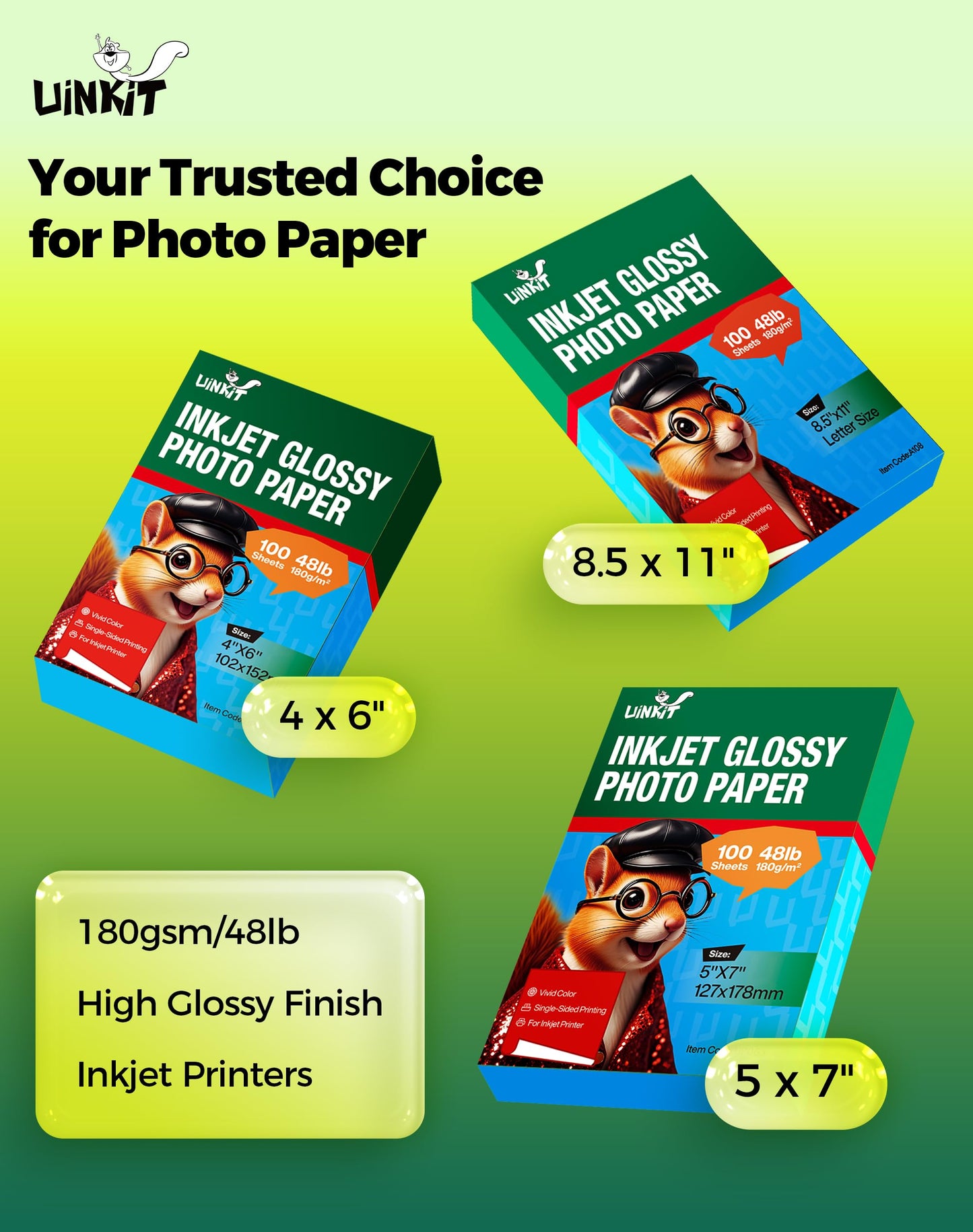 Uinkit Glossy Inkjet Photo Paper 8.5x11 Inches 100 Sheets 48lb Dye Ink 180Gsm Professional Photographic Paper Letter Size 8.5mil Instant Dry Suitable for All Dye Ink Printers (100, 8.5x11Inches) ๐ All In One Marketplace Canada