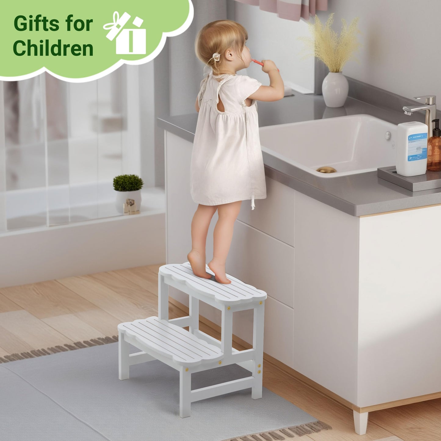 COSYLAND Bamboo Step Stool, Two Step Stools Toddler 300 lbs Capacity with Safety Non-Slip Pads, Bamboo Step Stool for Bathroom, Kitchen Dual Height Step Stools for Kids (White) ๐ All In One Marketplace Canada