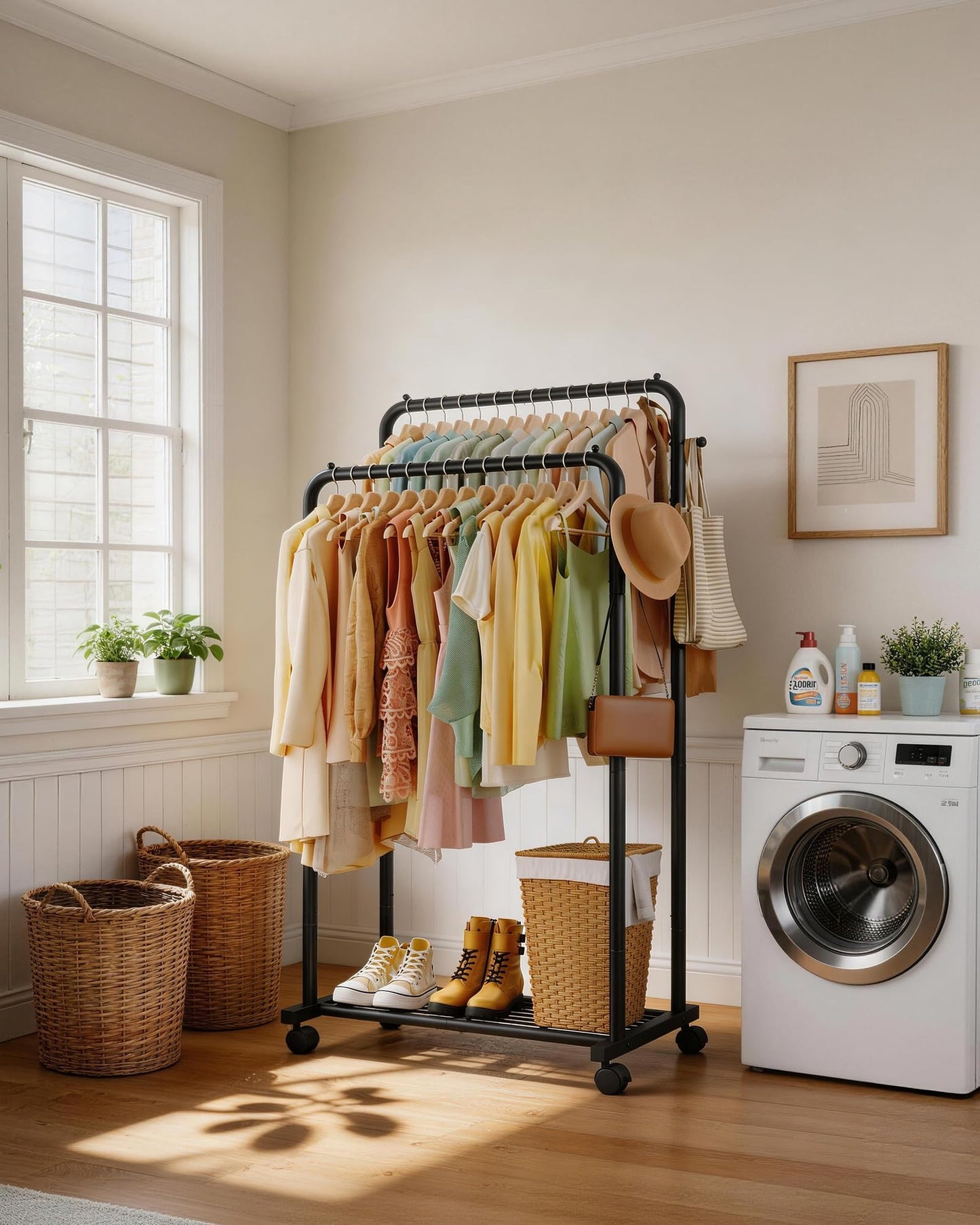 Sakugi Double-Rod Metal Clothing Rack with Wheels, Black ๐ All In One Marketplace Canada