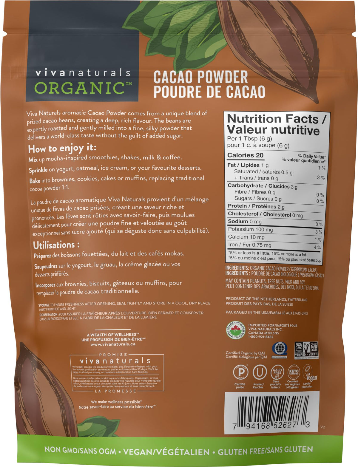 Viva Naturals Organic Cacao Powder, 2lb - Unsweetened Cocoa Powder With Rich Dark Chocolate Flavour, Perfect for Baking & Smoothies - Certified Vegan, Keto & Paleo, Gluten-Free & Non-GMO, 907 g π All In One Marketplace Canada