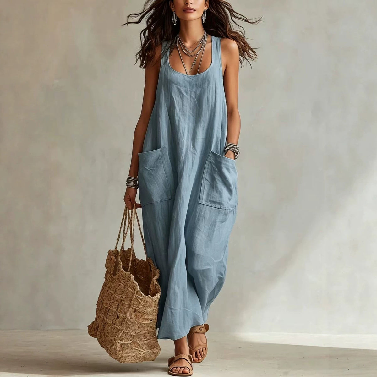 Elegant Casual Long Slip Dress With Pockets