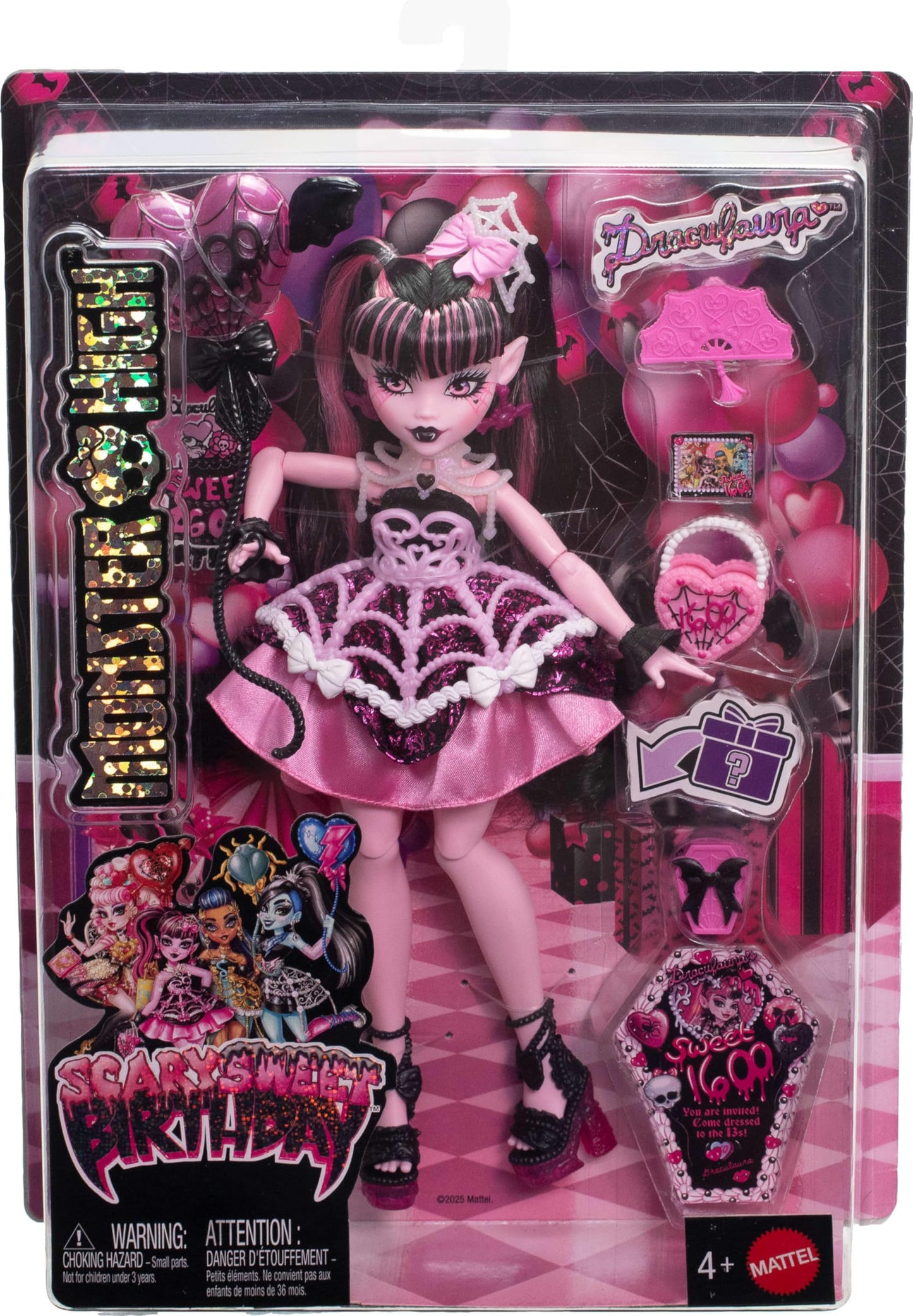 Monster High Scary Sweet Birthday Doll, Draculaura in Pink Party Dress with Themed Accessories Like Invite, Balloon, Gift, Fan and More ๐ All In One Marketplace Canada