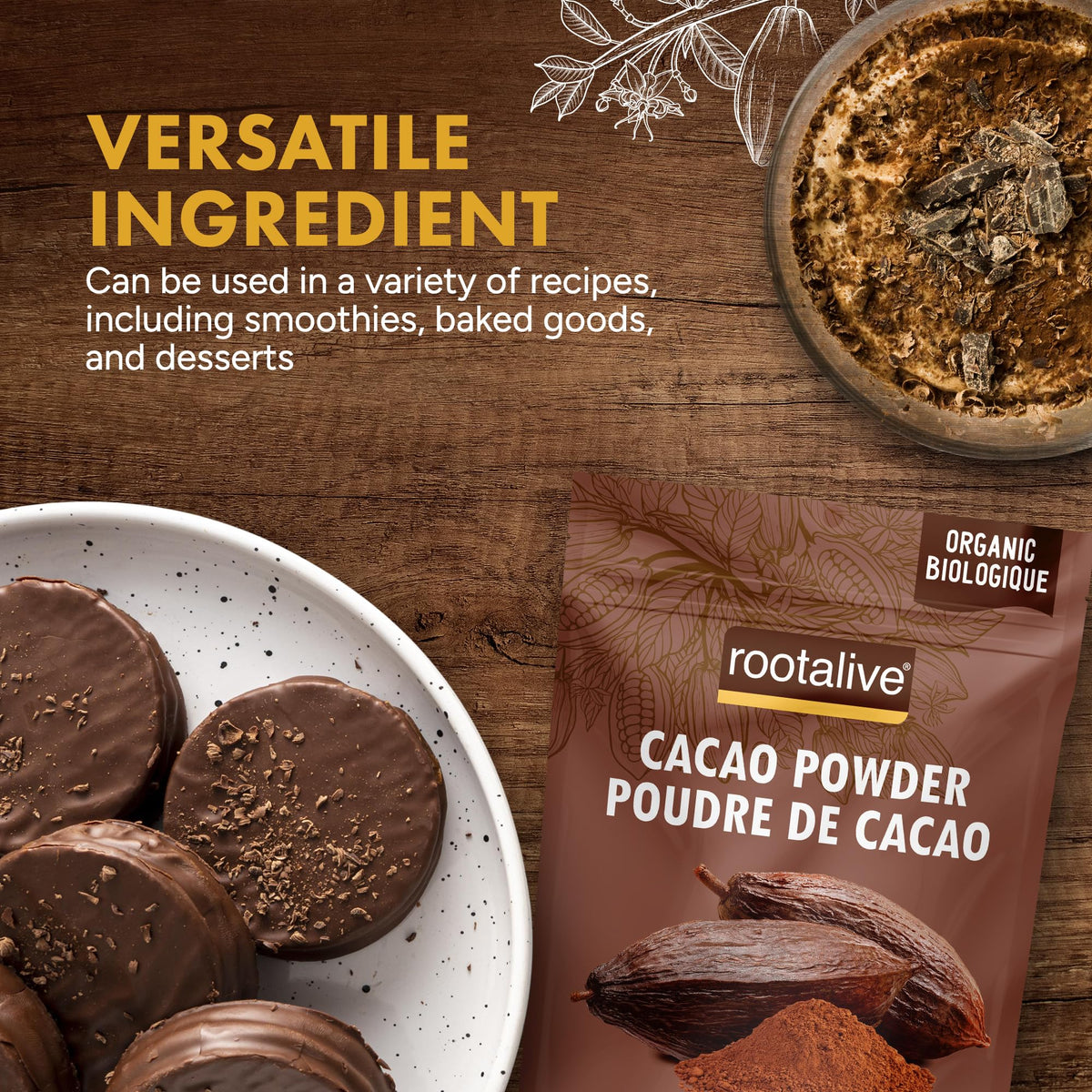 Rootalive Organic Raw Cacao Powder 454g (1lb), Premium Unroasted Cacao Bean powder in a Resealable Bag, Raw, Unsweetened, Vegetarian and Gluten-Free ๐ All In One Marketplace Canada