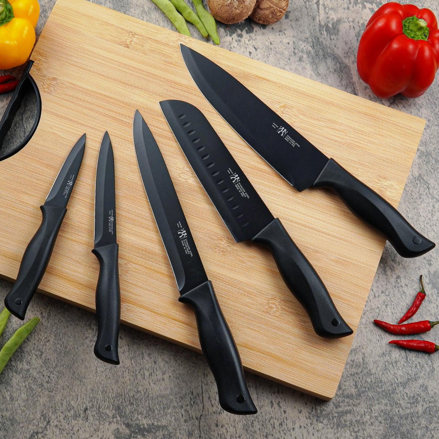 HUNTER.DUAL Knife Set, Dishwasher Safe Kitchen Knife Set with Block, 15 Pcs Black Kitchen Knife Sets with Block Self Sharpening, 6 Steak Knives, Black ๐ All In One Marketplace Canada