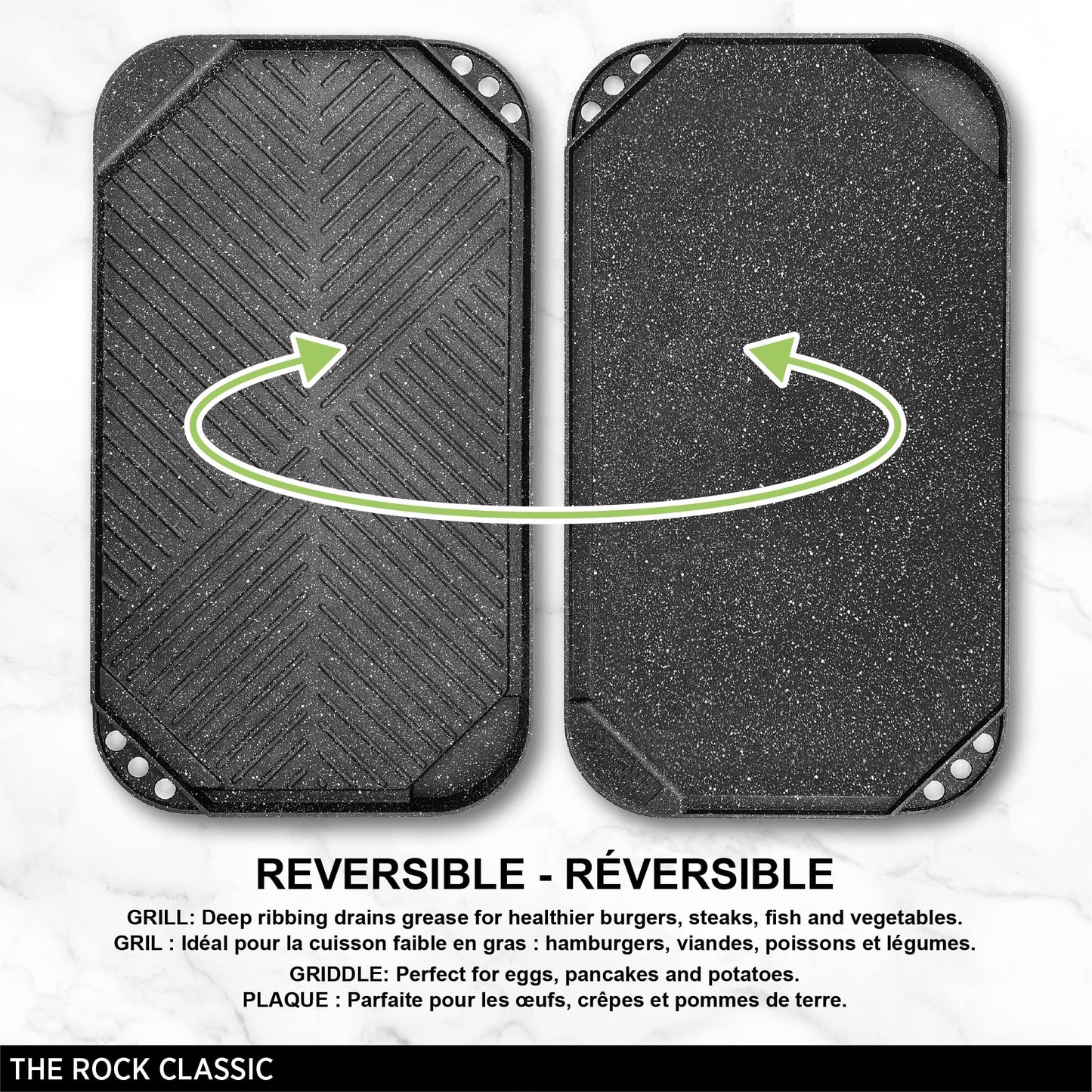 Starfrit The Rock 50x28cm (19.7" x 11") Non-Stick Reversible Grill & Griddle - Durable Forged Aluminum - Oven Safe - PFOA Free - Easy to Clean - Black ๐ All In One Marketplace Canada