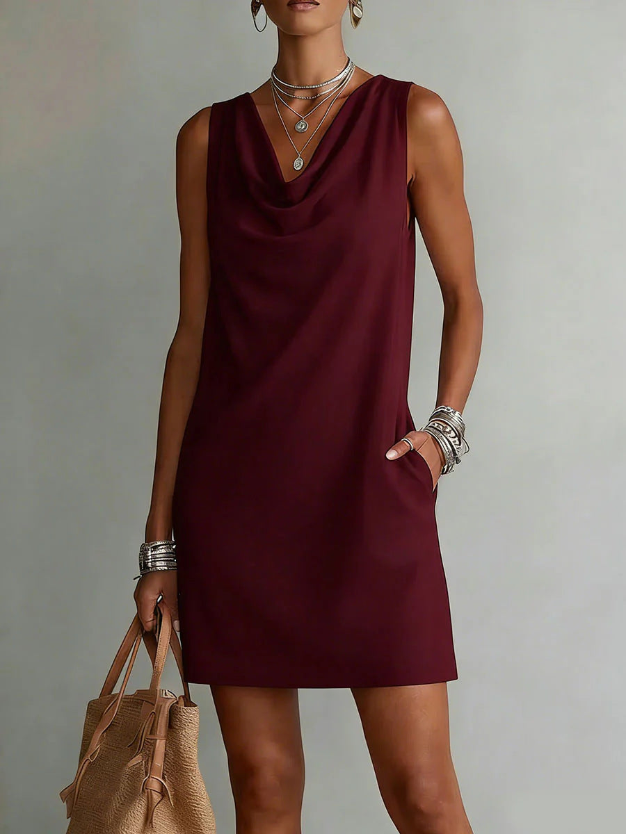 Women's Elegant Summer Dress – Draped Cowl Neck Slim Fit Midi Dress
