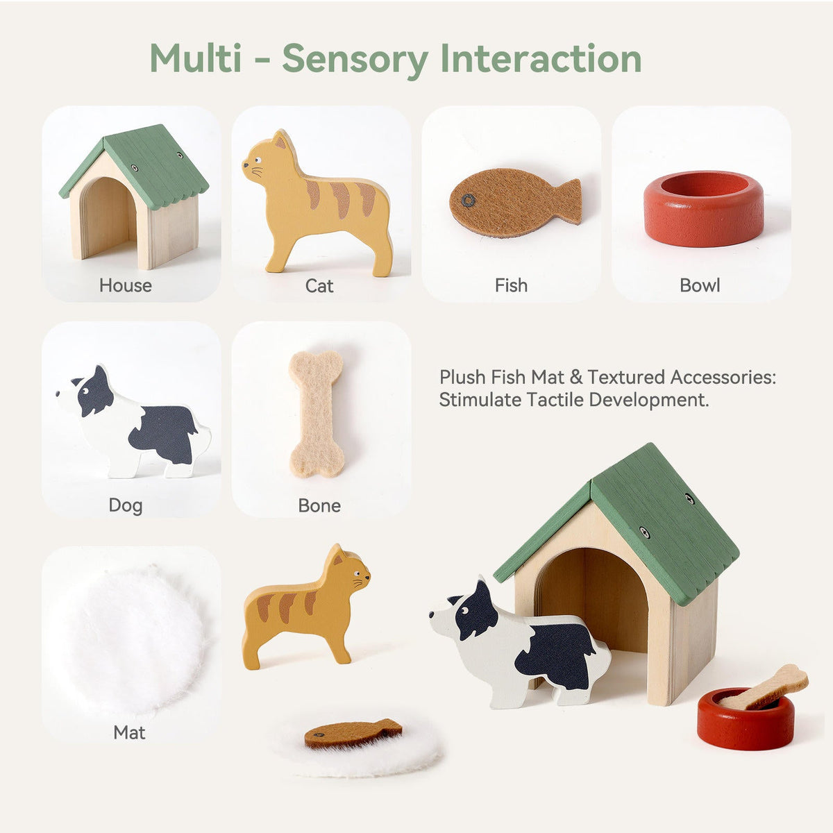Mini Wooden Dog House & Cat Pretend Play Set