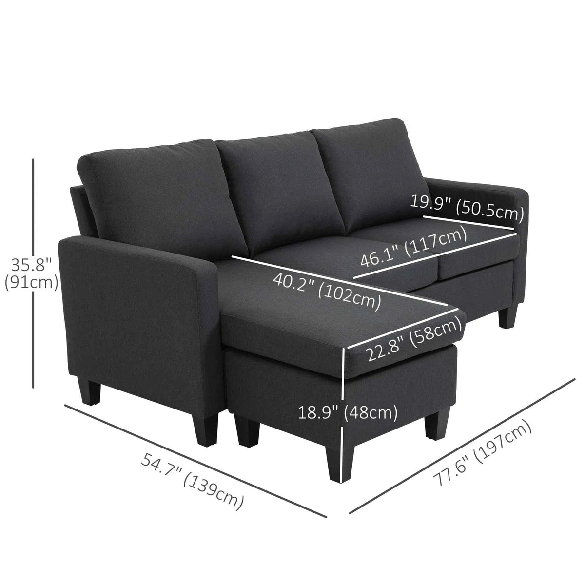 Dark Grey L-Shape Sectional Sofa with Ottoman – Modern Corner Couch for Living Room (United States & Canada Delivery Only)
