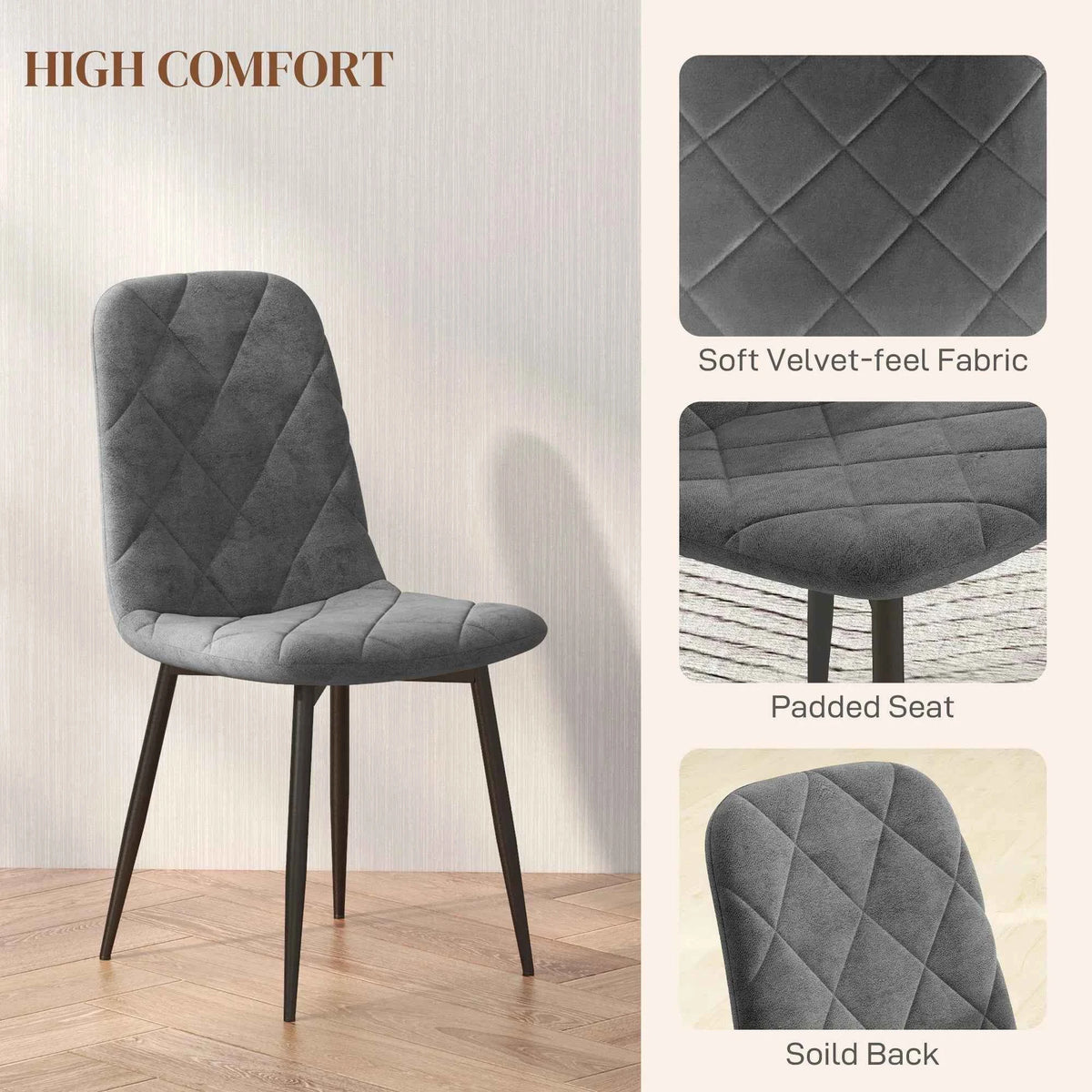 Set of 4 Grey Upholstered Dining Chairs – Modern Kitchen & Dining Room Chairs with Steel Legs (United States & Canada Delivery Only)