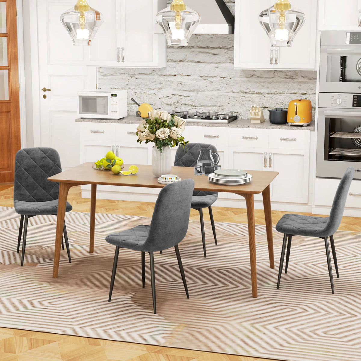 Set of 4 Grey Upholstered Dining Chairs – Modern Kitchen & Dining Room Chairs with Steel Legs (United States & Canada Delivery Only)